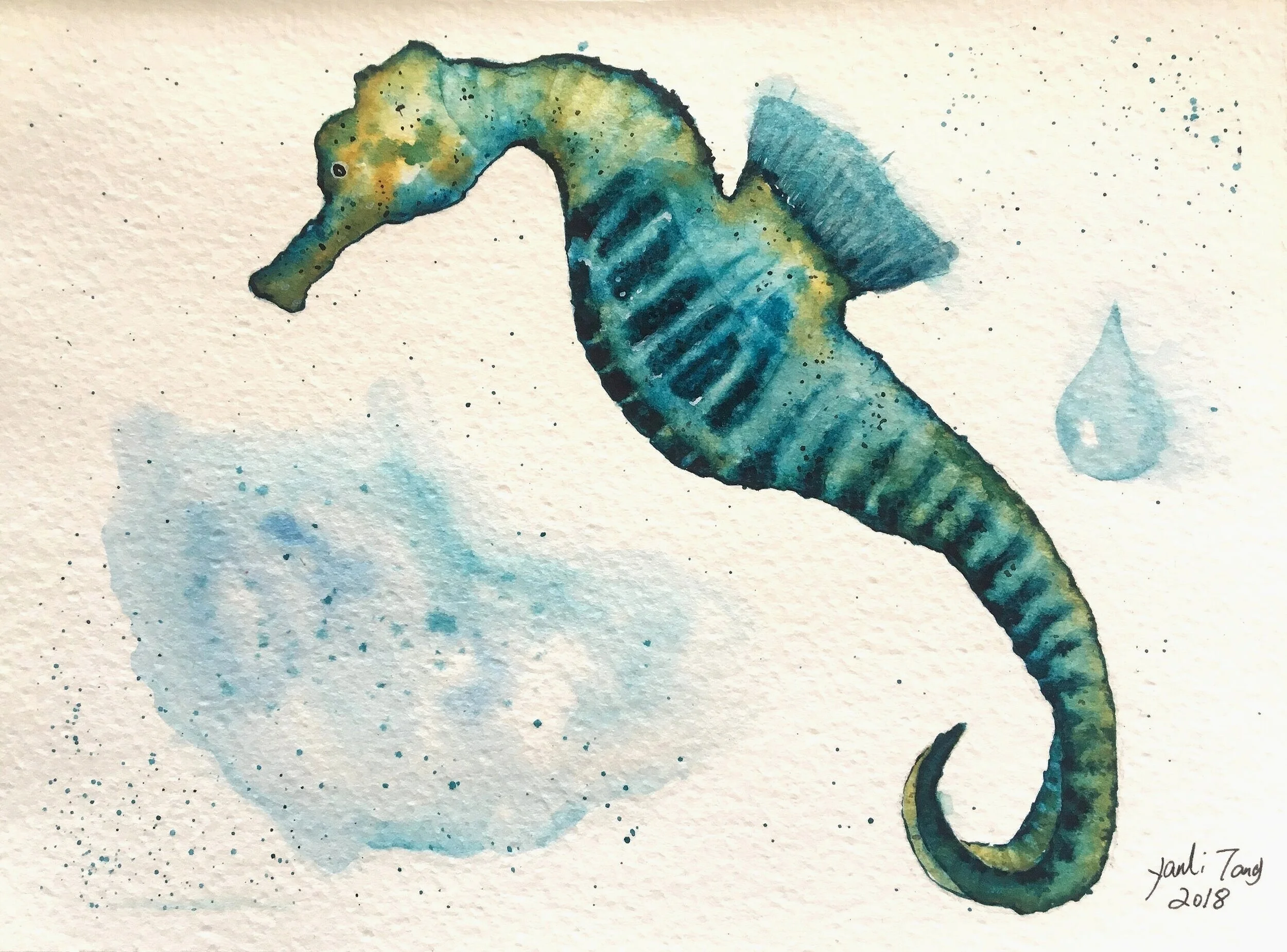 "Sea horse", Watercolor on paper, 5.5" x 7.5", 2018, by Yanli Tang, (SOLD).