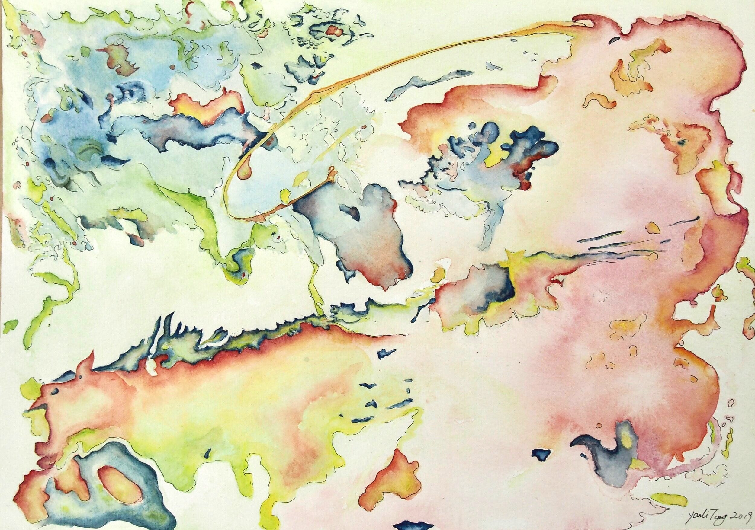 "Untitled", Watercolor & Ink on paper, 9.5"x14", 2019, by Yanli Tang.
