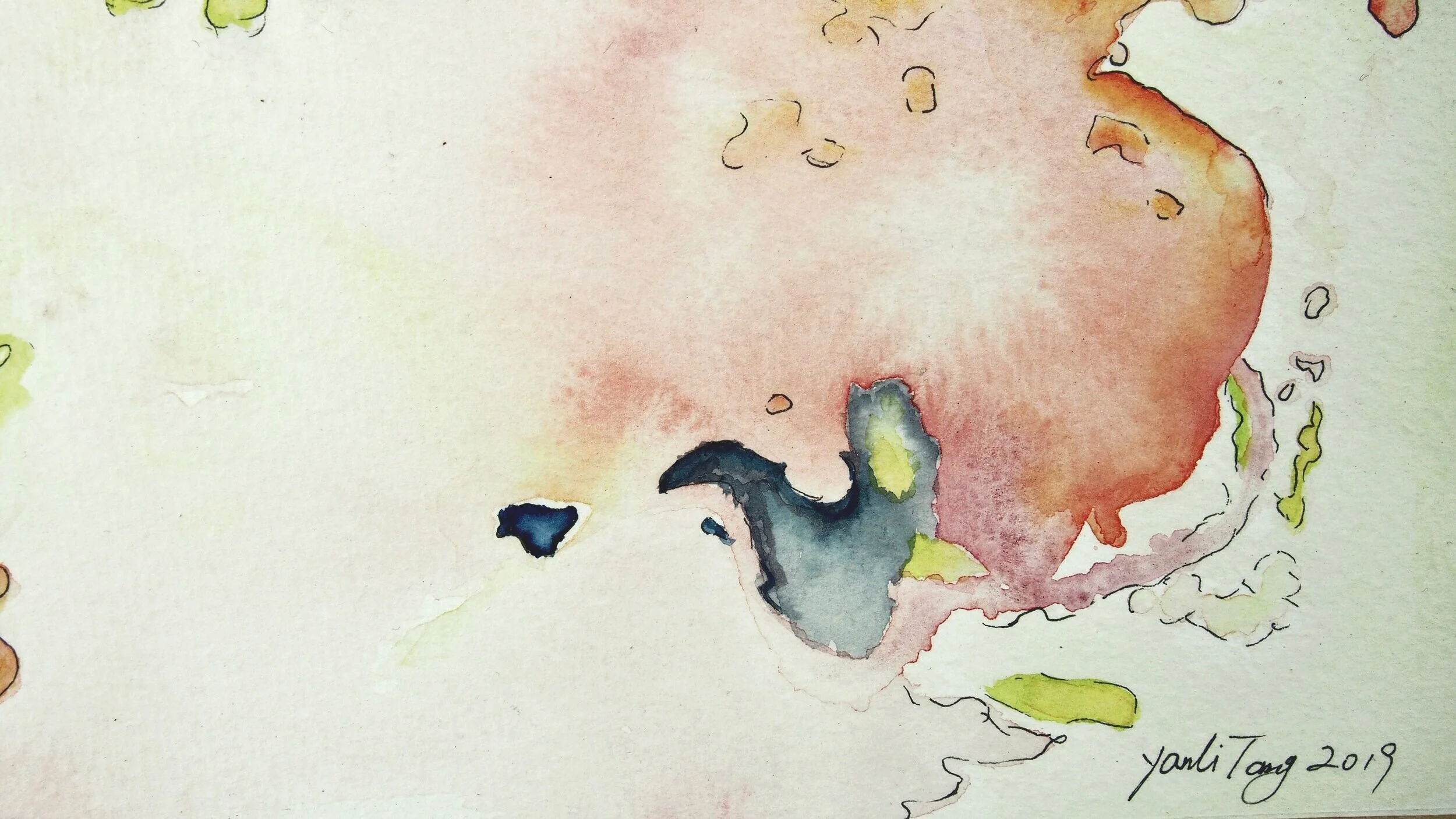 "Untitled", Watercolor & Ink on paper, 9.5"x14", 2019, by Yanli Tang.