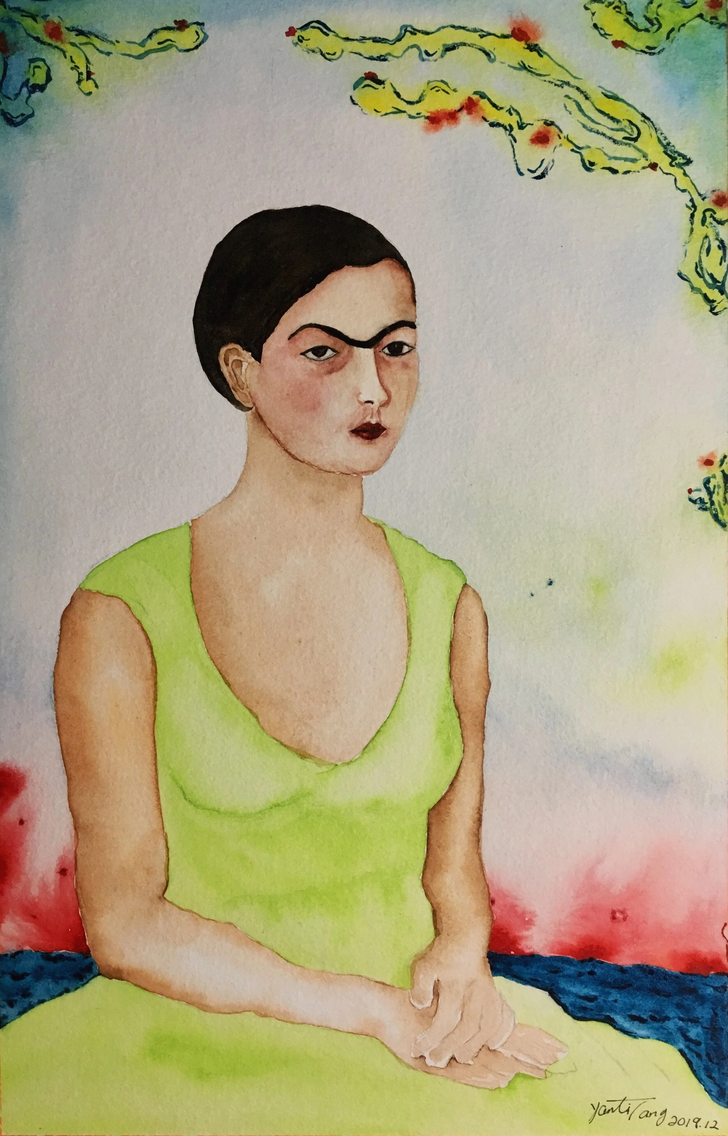 "Frida in green", watercolor on paper, 20.5 cm X 32 cm, 2019 by Yanli Tang.