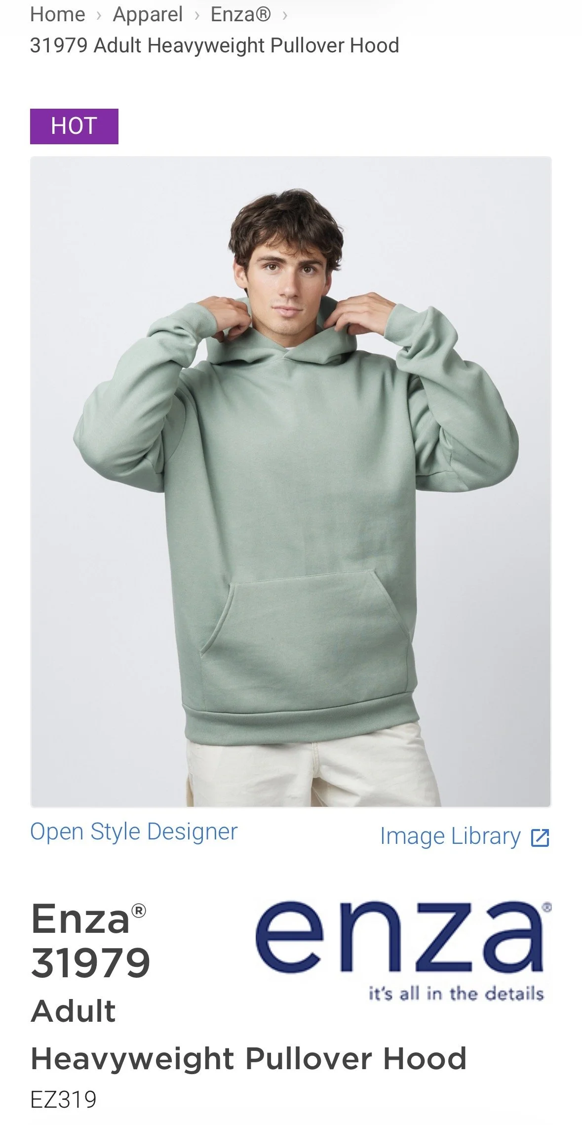 A young man with brown hair wearing a light green heavyweight pullover hoodie, standing against a plain white background, adjusting the hood with both hands. hairstylist-metro-detroit-bridal-hair-updo-effortless-engaged 