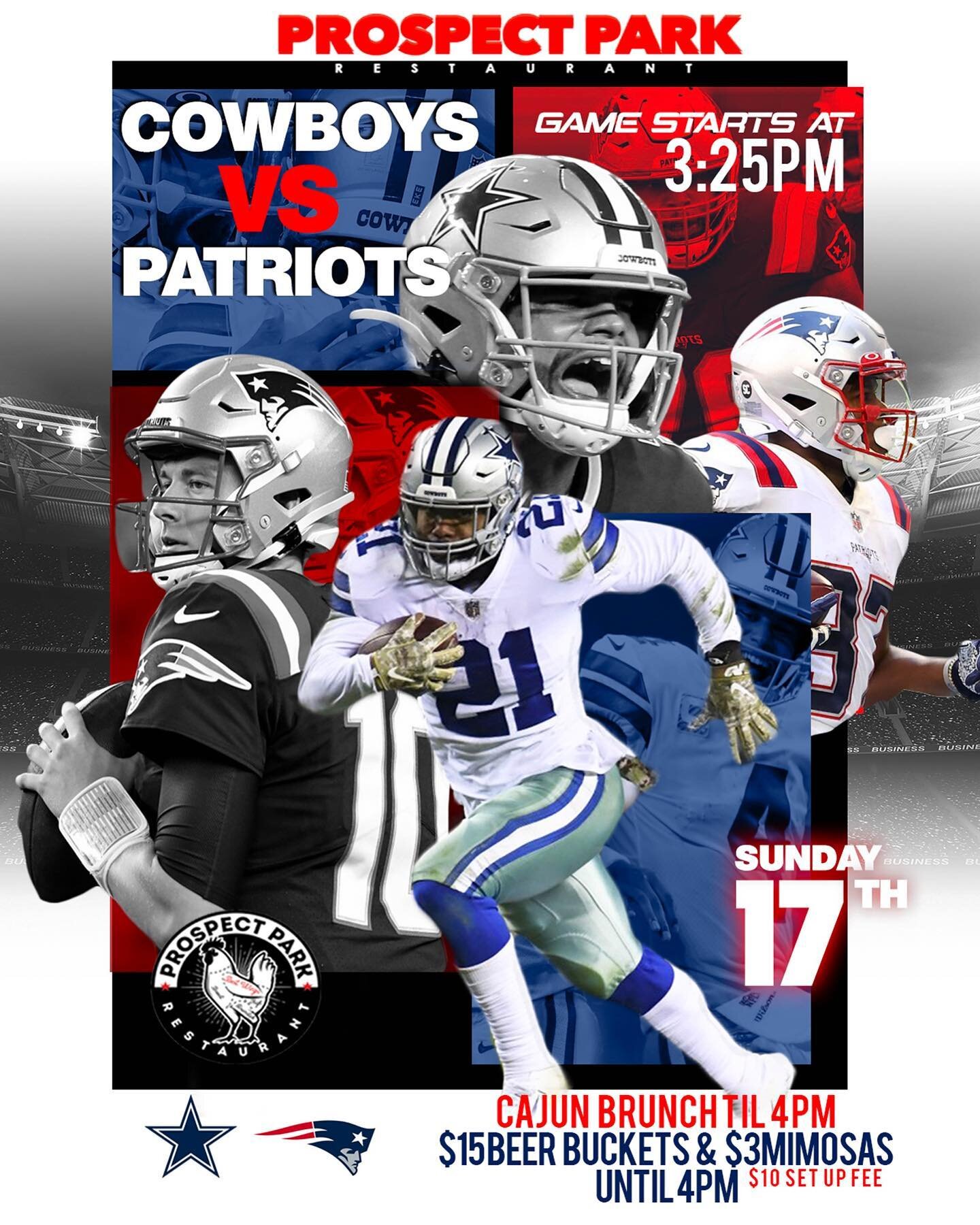 Come Sunday Funday with us! 😝 Catch the Cowboys 🆚 Patriots 🏈 at #ThePark🌳