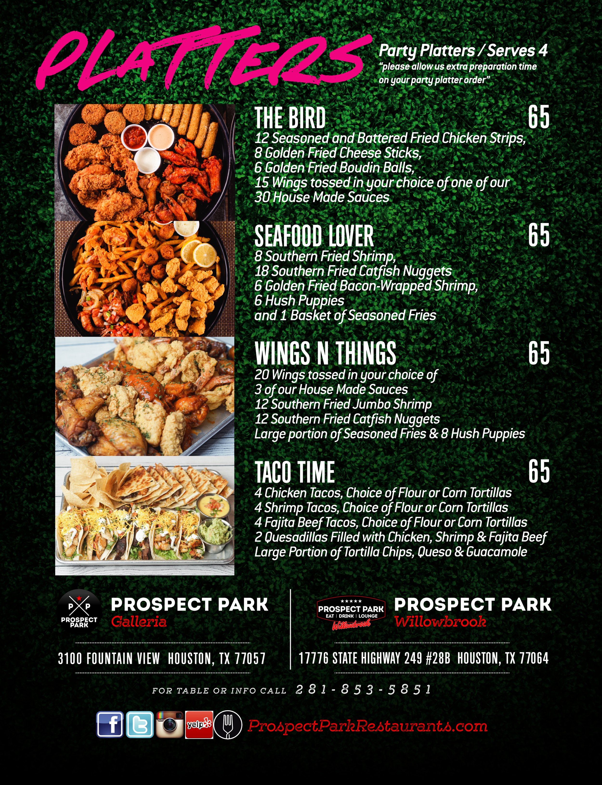 Galleria Menu — Prospect Park Houston