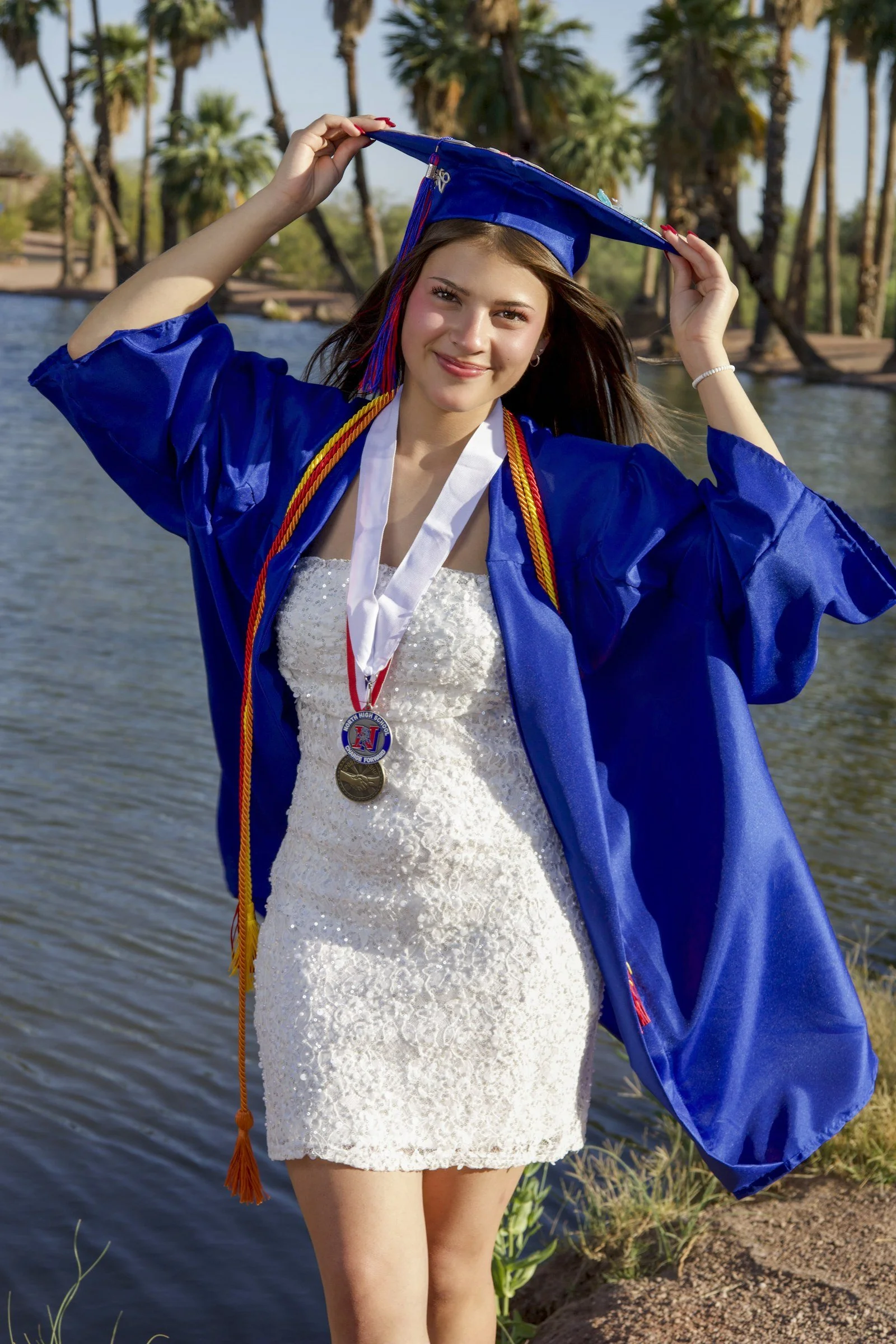 Phoenix senior pictures - Azuree cap and gown by the pond