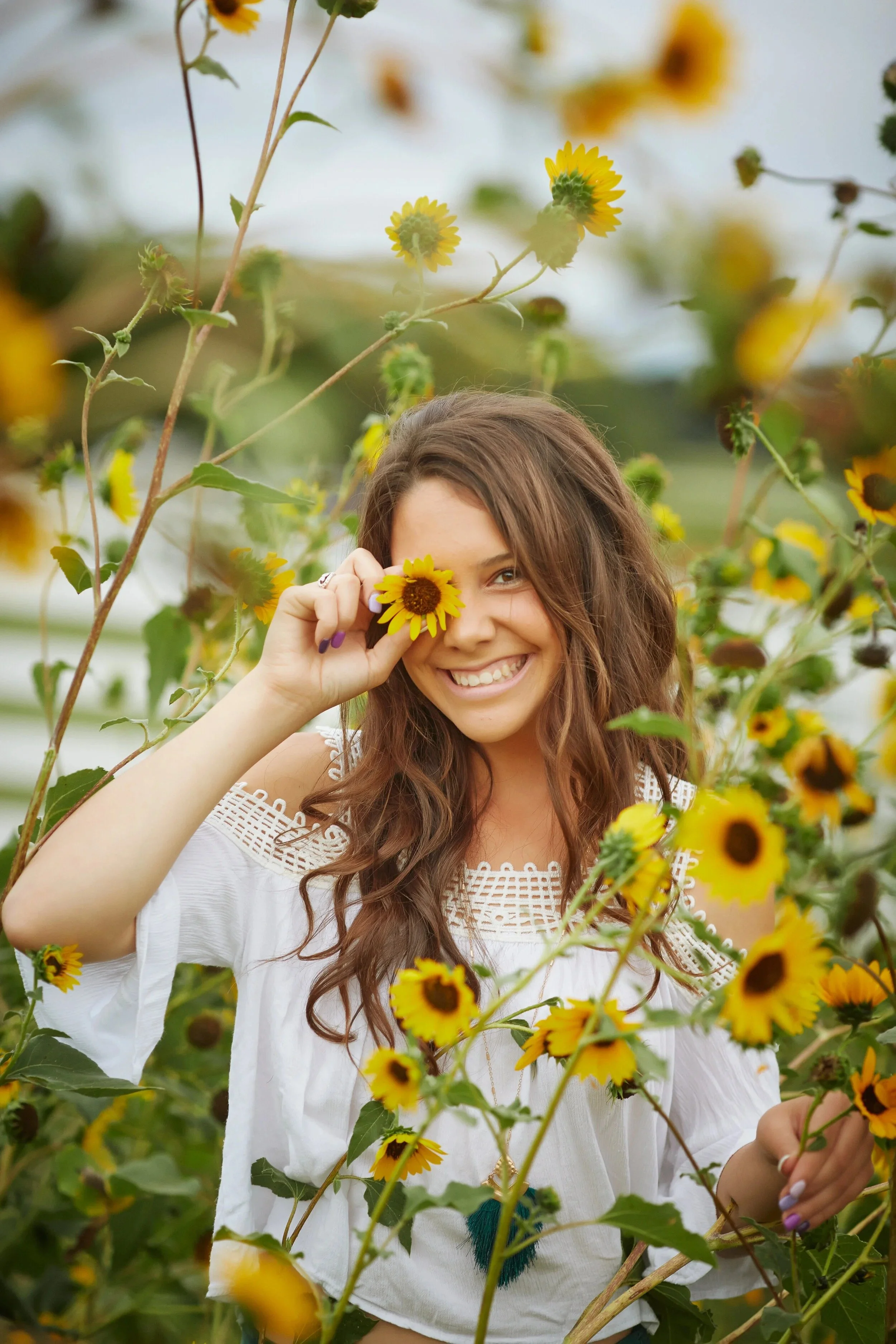 Dallas-Fort Worth senior pictures: girl with long brown hair holding a sunflower in a field of sunflowers