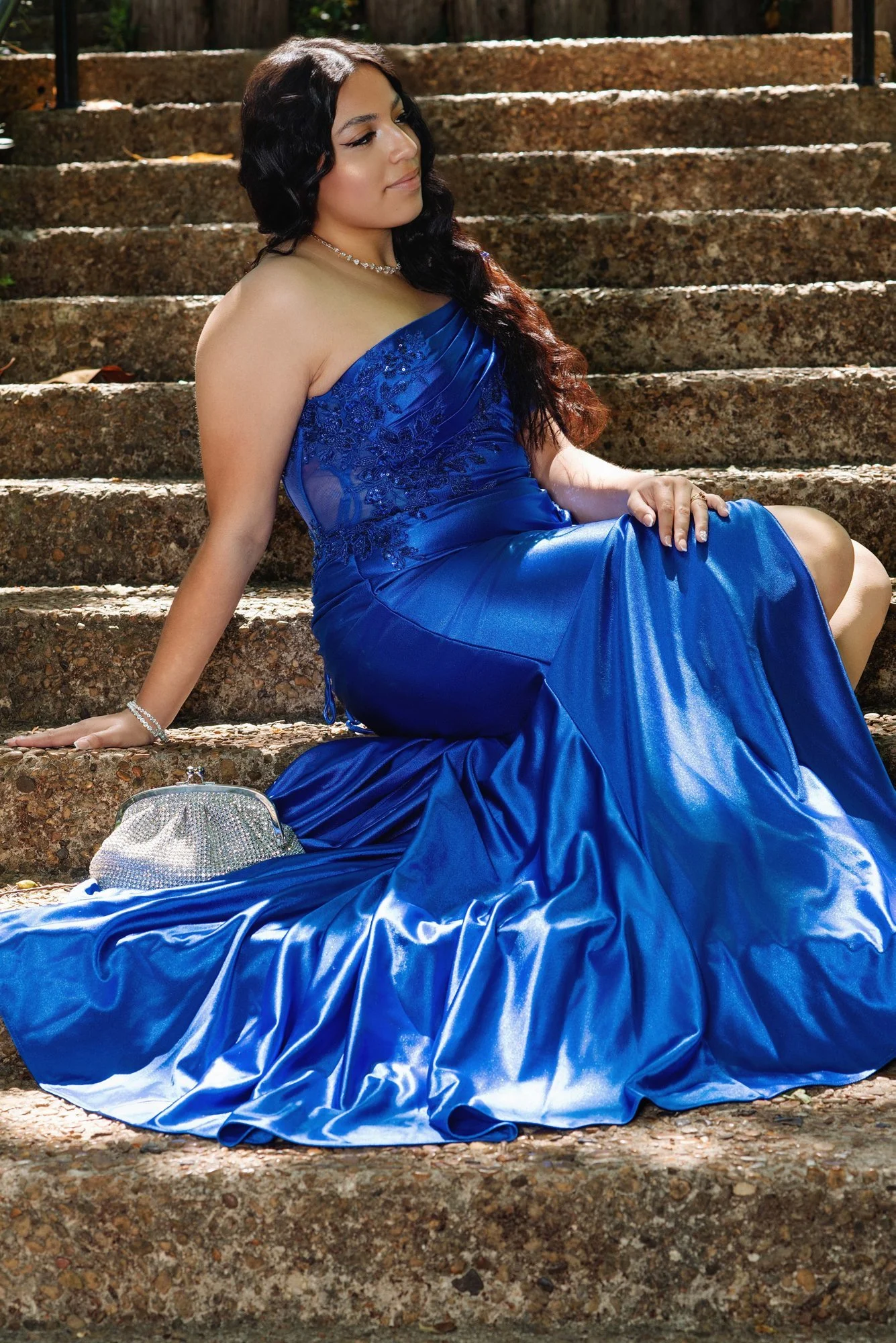 Dallas–Fort Worth senior pictures - Janette blue gown on the stone steps