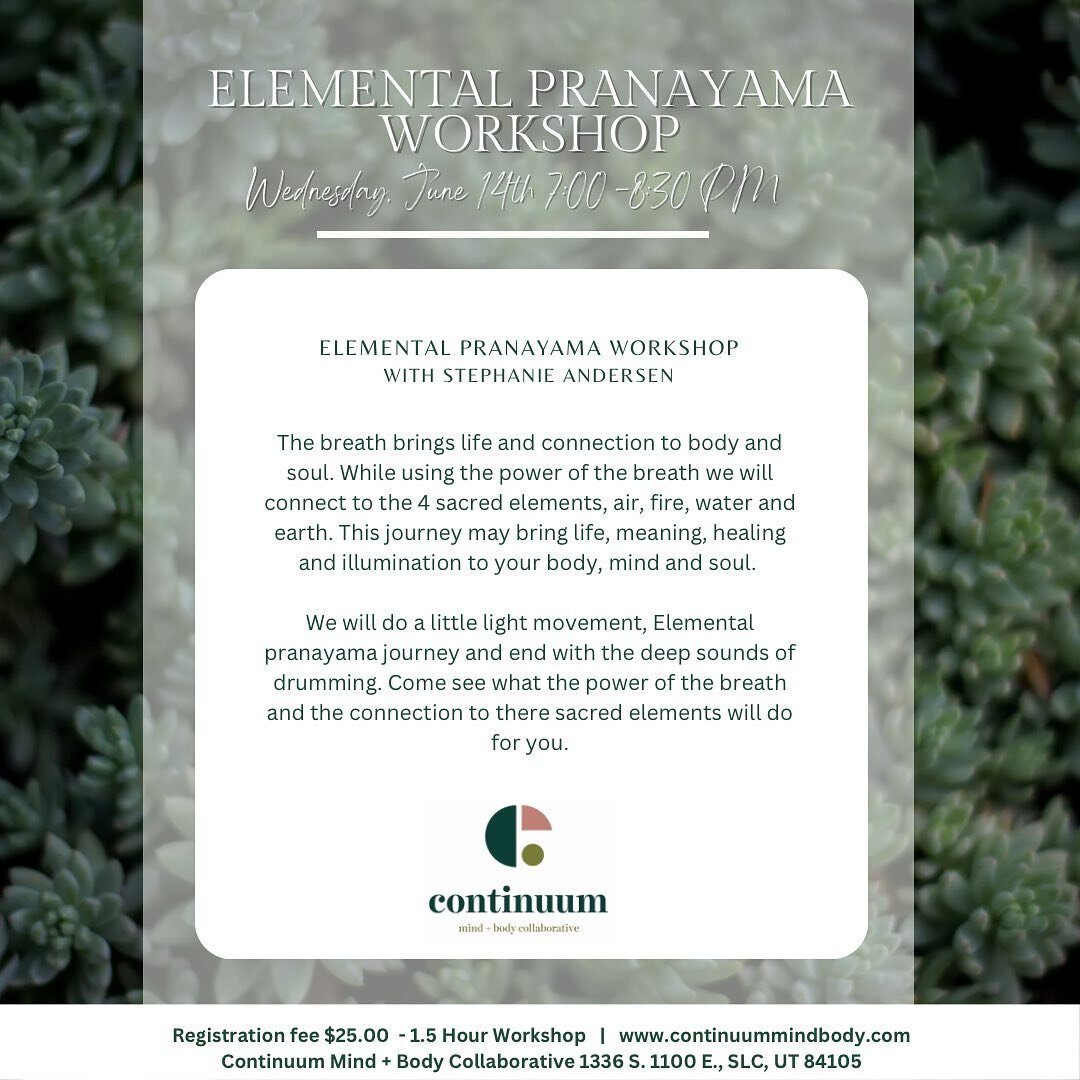 Join us!
Elemental Pranayama Workshop
with Stephanie Andersen

The breath brings life and connection to body and soul. While using the power of the breath we will connect to the 4 sacred elements, air, fire, water and earth. This journey may bring li