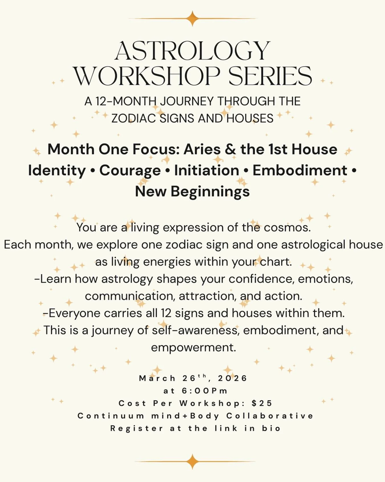 New beginnings start here.

We are thrilled to announce the kickoff of our 12-Month Astrology Workshop Series! Whether you are a seasoned cosmic explorer or just starting to look at your birth chart, this journey is designed for anyone looking to dee