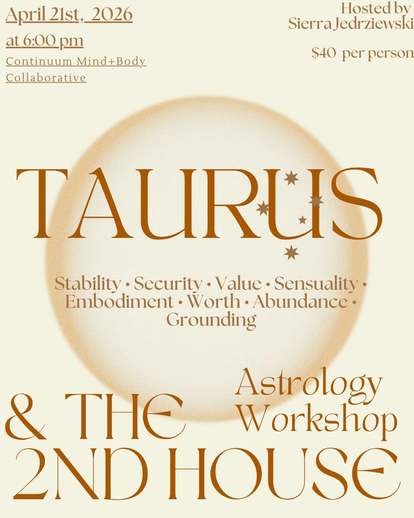 The wonder of the zodiac is calling! 🌌 Step into a world of stability and sensuality as we explore Taurus and the 2nd House. ✨ Discover the grounded magic of abundance and inner worth.

Taurus &amp; The 2nd House Workshop
🗓️ April 21st, 2026, 6:00p