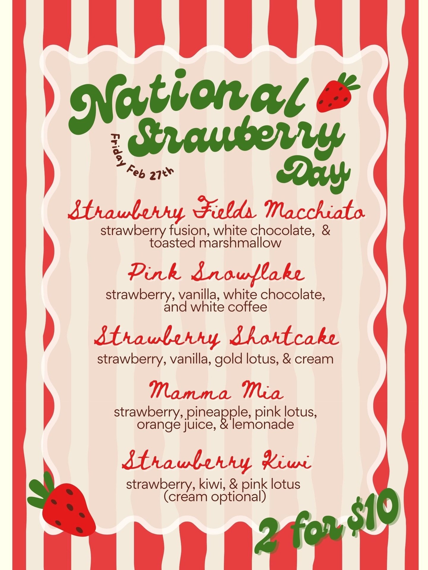 🍓This Friday is all about strawberries for National Strawberry Day🍓 &amp; you know we love strawberry here at Carter&rsquo;s &mdash; so come grab our 2 for $10 deal with any of these strawberry faves!!!🥤🥰🫶🏼🍓

We will see ya soon!!!

Available 