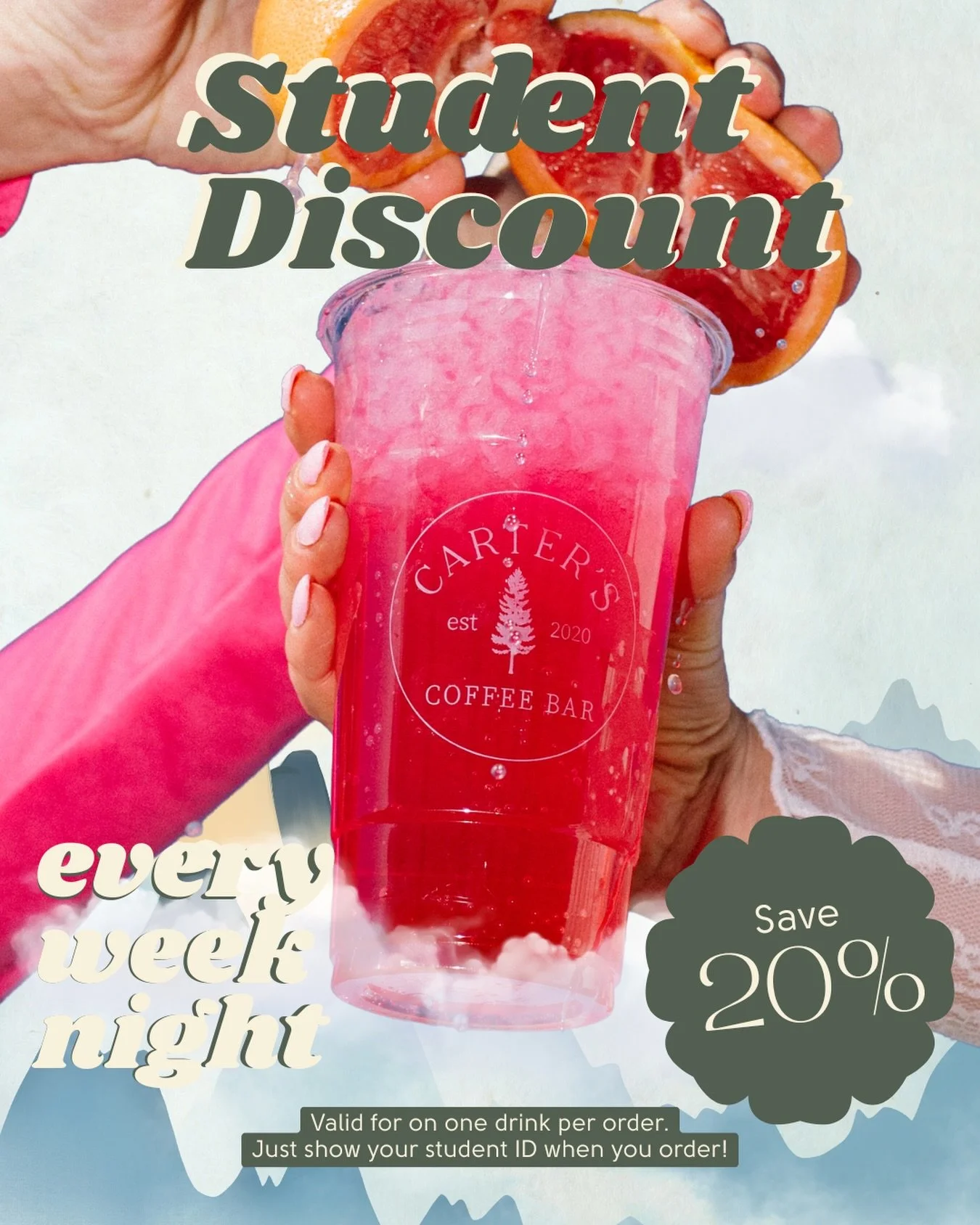 Every weekday night, get your Carter&rsquo;s fix for 20% off your drink order if you&rsquo;re a current student!!!🤩🚨🥤

Come on by and give your night a pick me up with your favorite drinks!!! 

Quincy locations &amp; Columbia location &mdash; deal