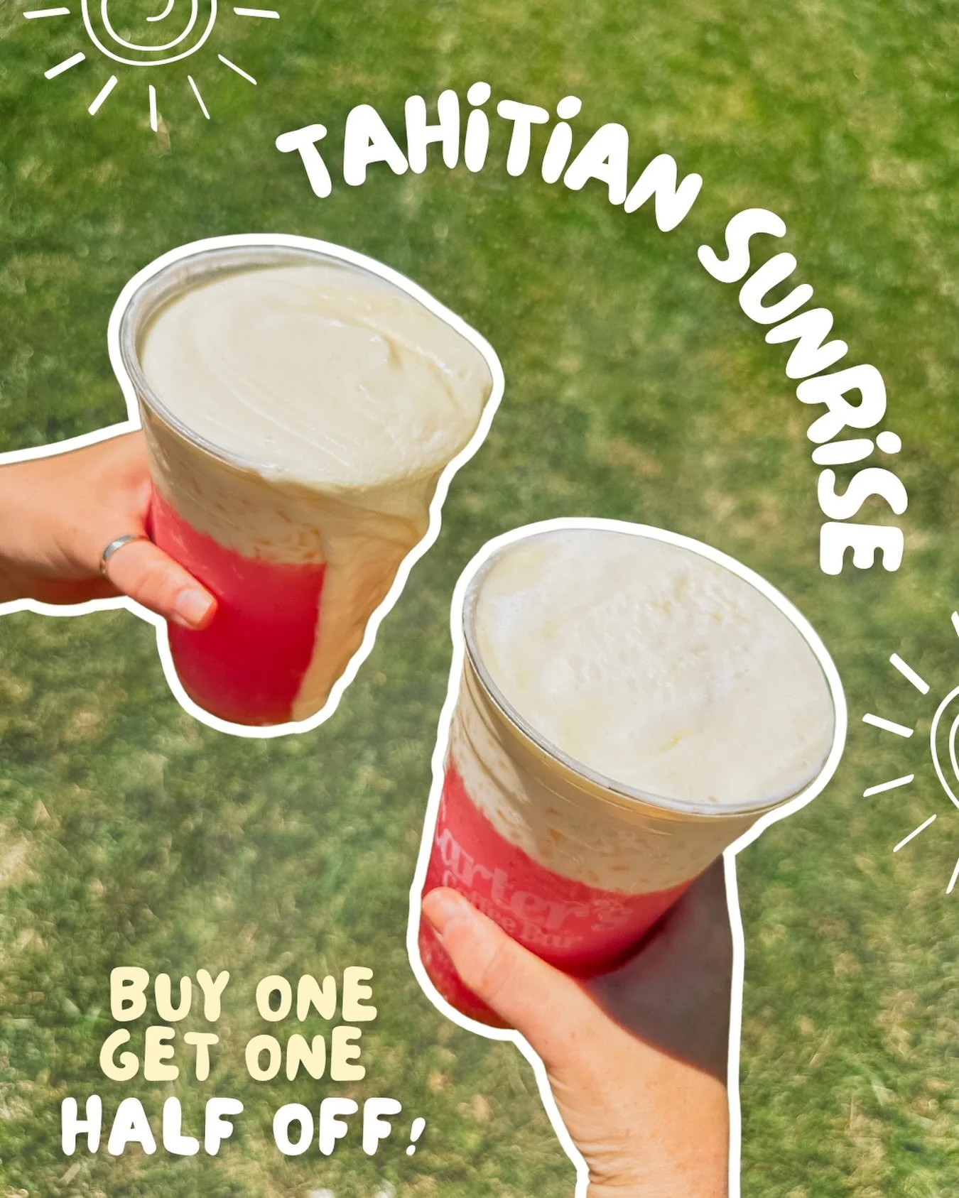 ☀️🕶️Cool off with a refreshing lotus and deal with our Tahitian Sunrise when you buy one, get one HALF OFF!👏🏻

Available until Saturday 05/30!

Tahitian Sunrise - Strawberry🍓Coconut 🥥Pineapple🍍Pink Lotus, Coconut Milk, and Pineapple Fusion cold