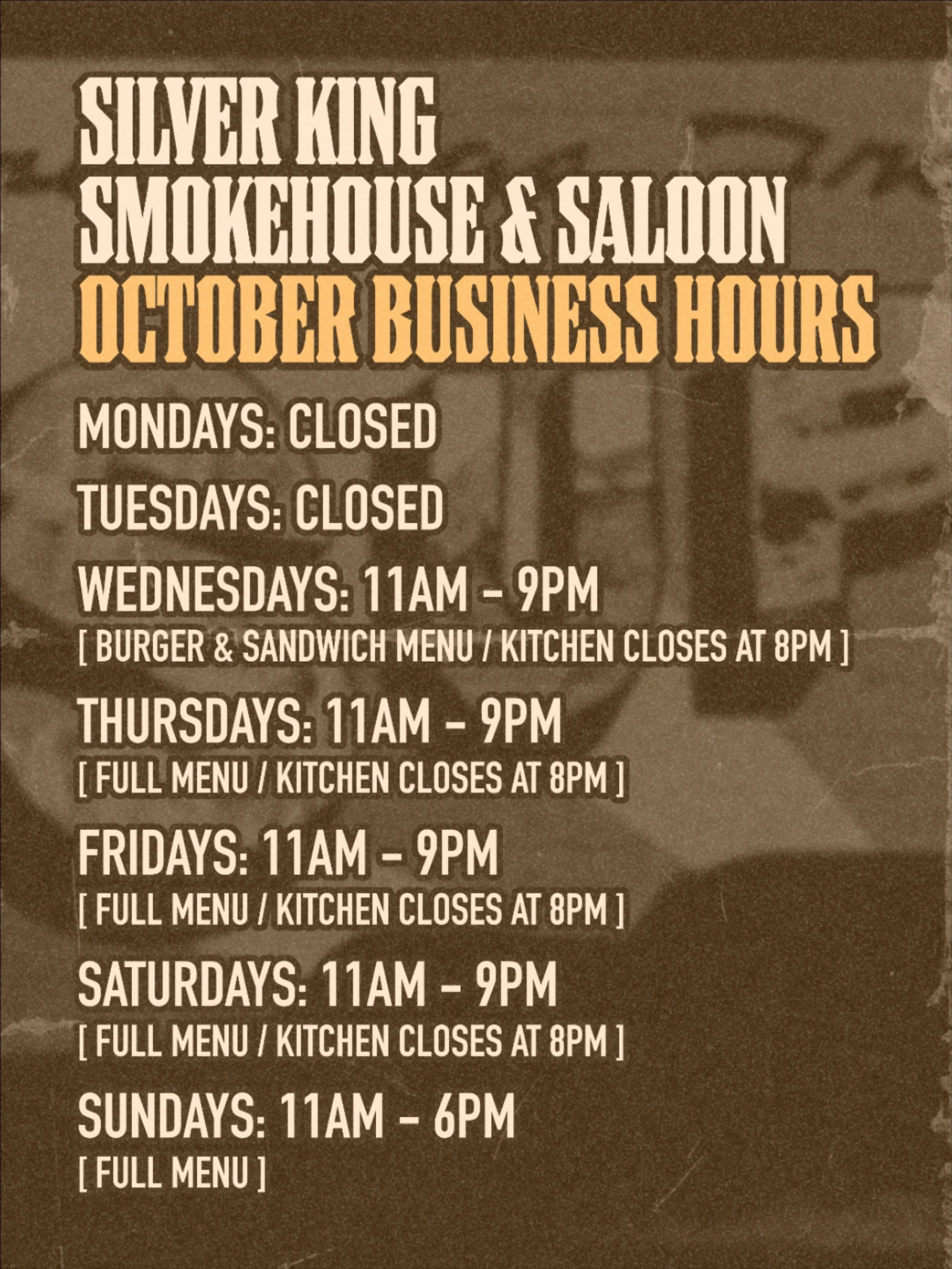 Friendly reminder of this month&rsquo;s hours! 🎃

In case you hadn&rsquo;t heard, we extended our business hours recently! Come by and see us for some bbq and more (Burgers and Sandwiches on Wednesdays only!)