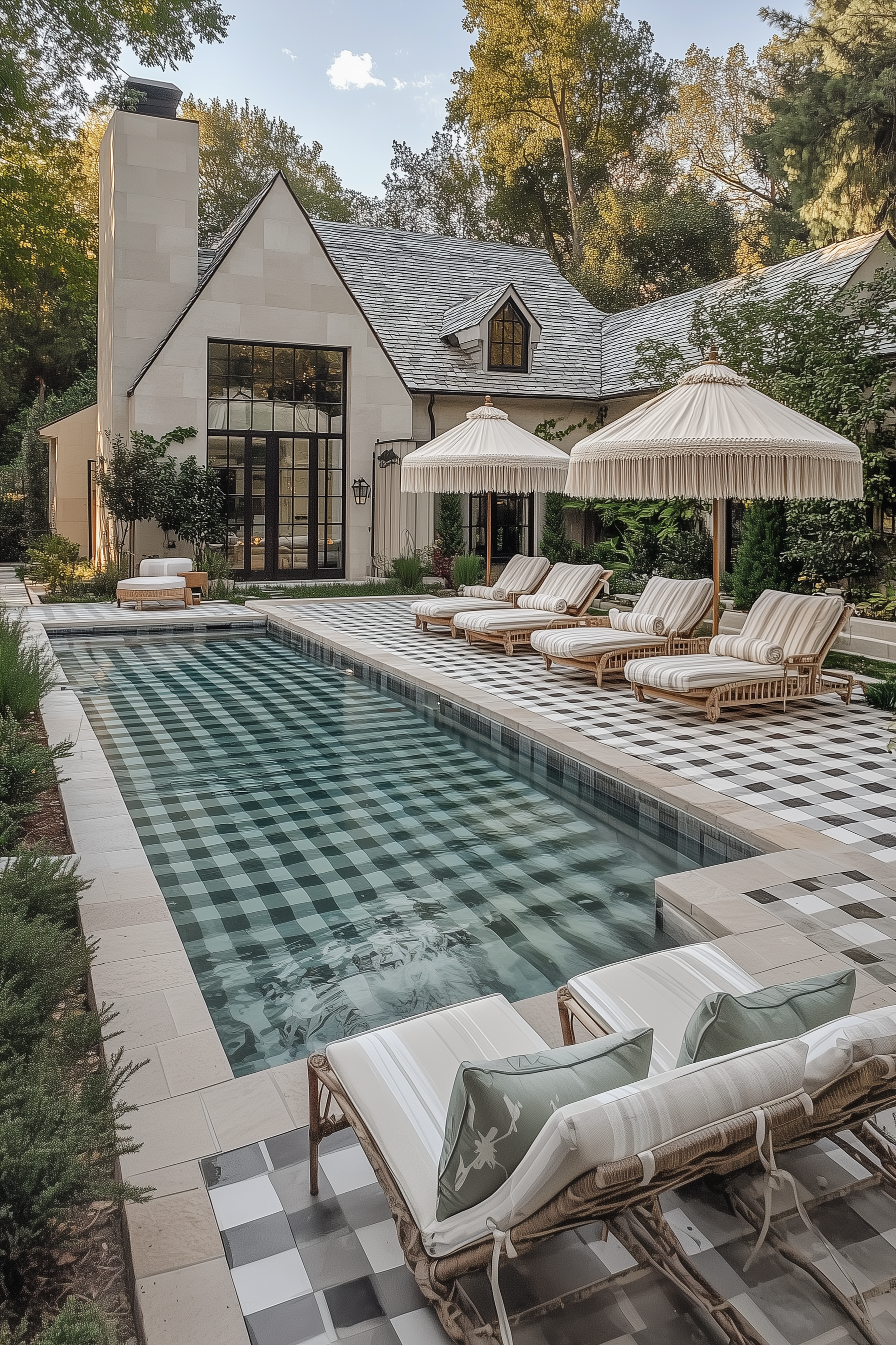 A backyard with a swimming pool, lounge chairs with striped cushions, umbrellas, and a modern house with large windows surrounded by trees.