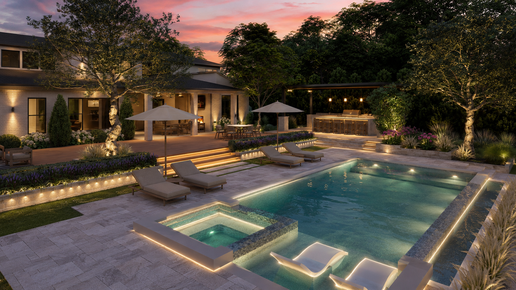 A luxurious backyard pool area at sunset with lounge chairs, umbrellas, and landscaped garden, featuring an outdoor bar area, fireplace, and illuminated pool lighting.