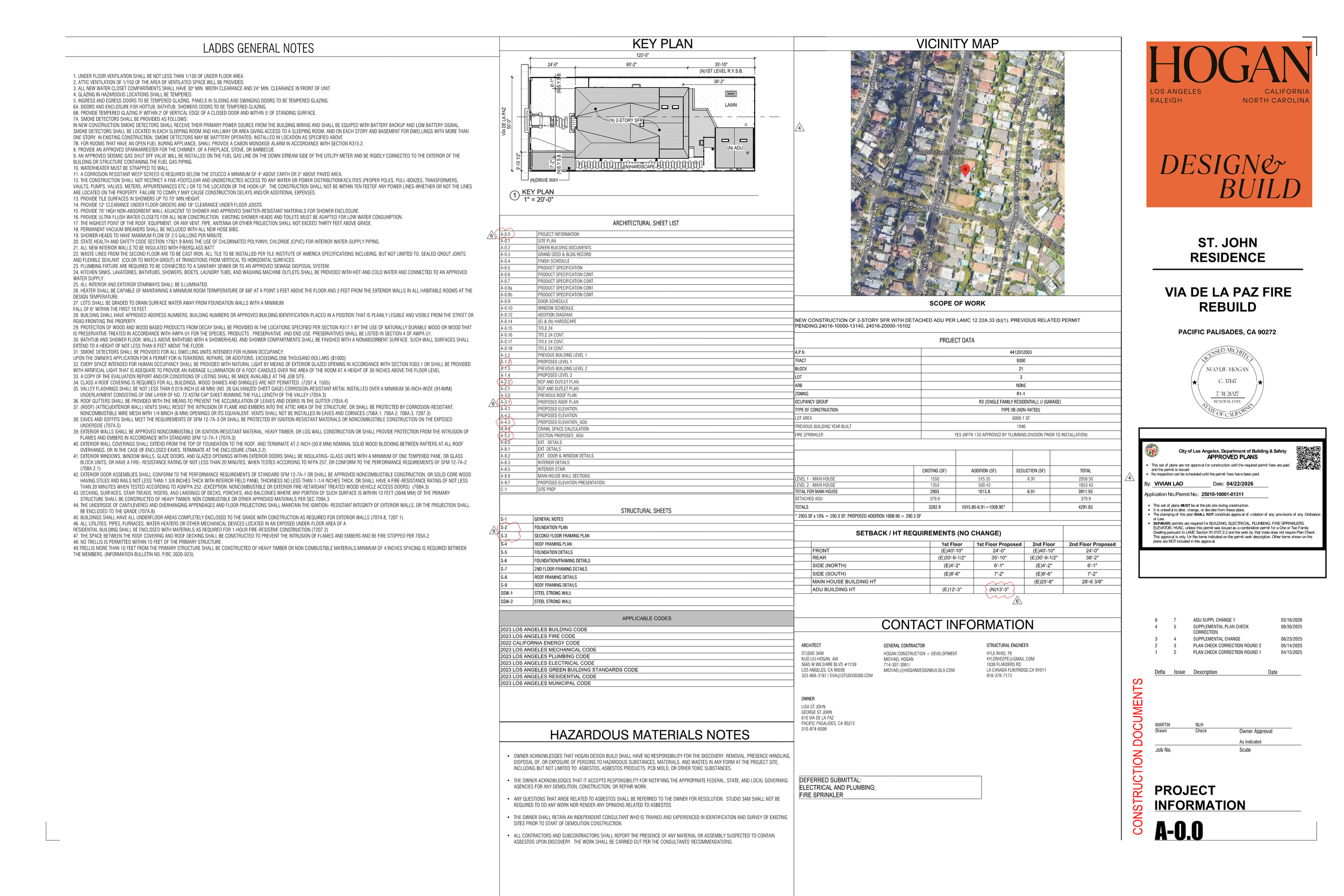 Architectural blueprint titled 'Via De La Paz Residence,' showing layout, site plan, vicinity map of Los Angeles, California, project details, and construction notes.