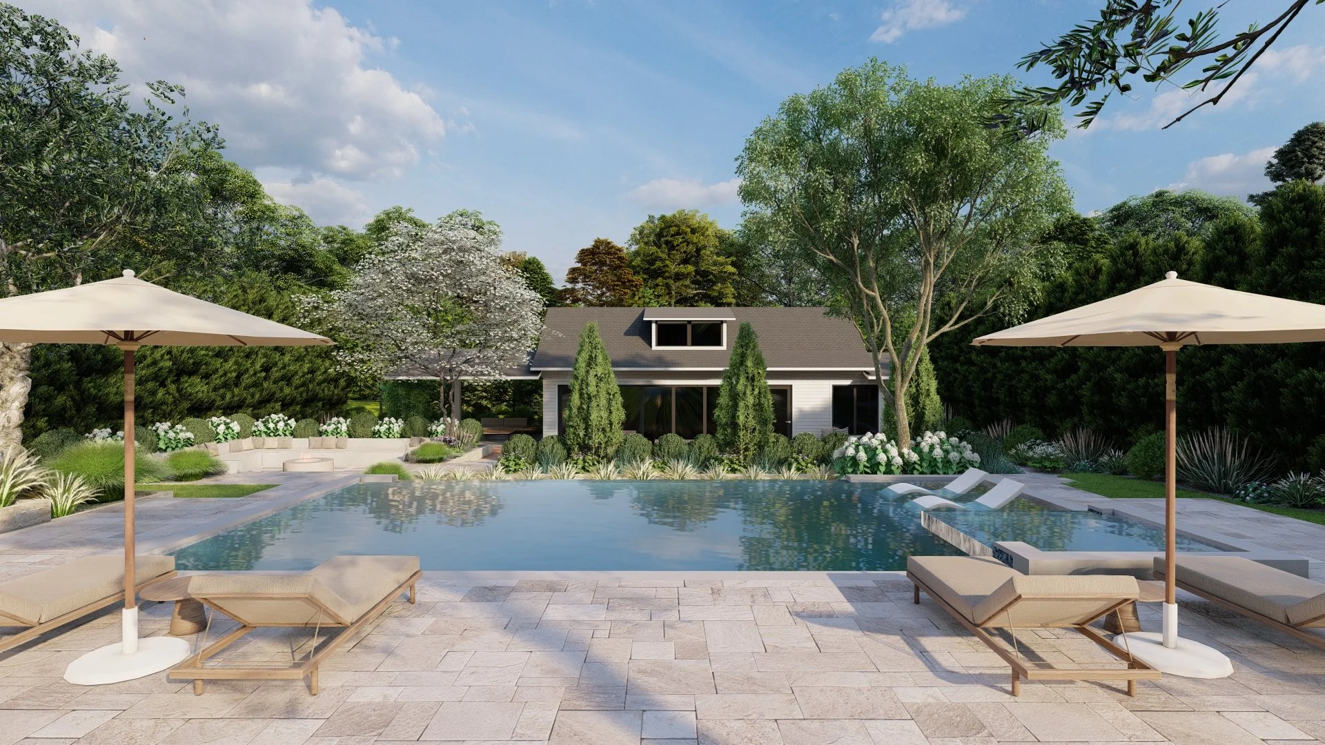 Backyard with swimming pool, lounge chairs with umbrellas, greenery, and trees, with a house in the background.