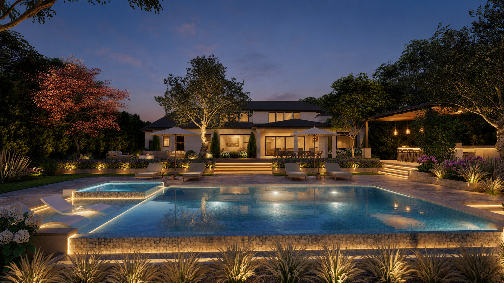 Luxury backyard with illuminated swimming pool, outdoor lounge area with umbrellas, trees, and garden lighting at dusk, modern house in the background.