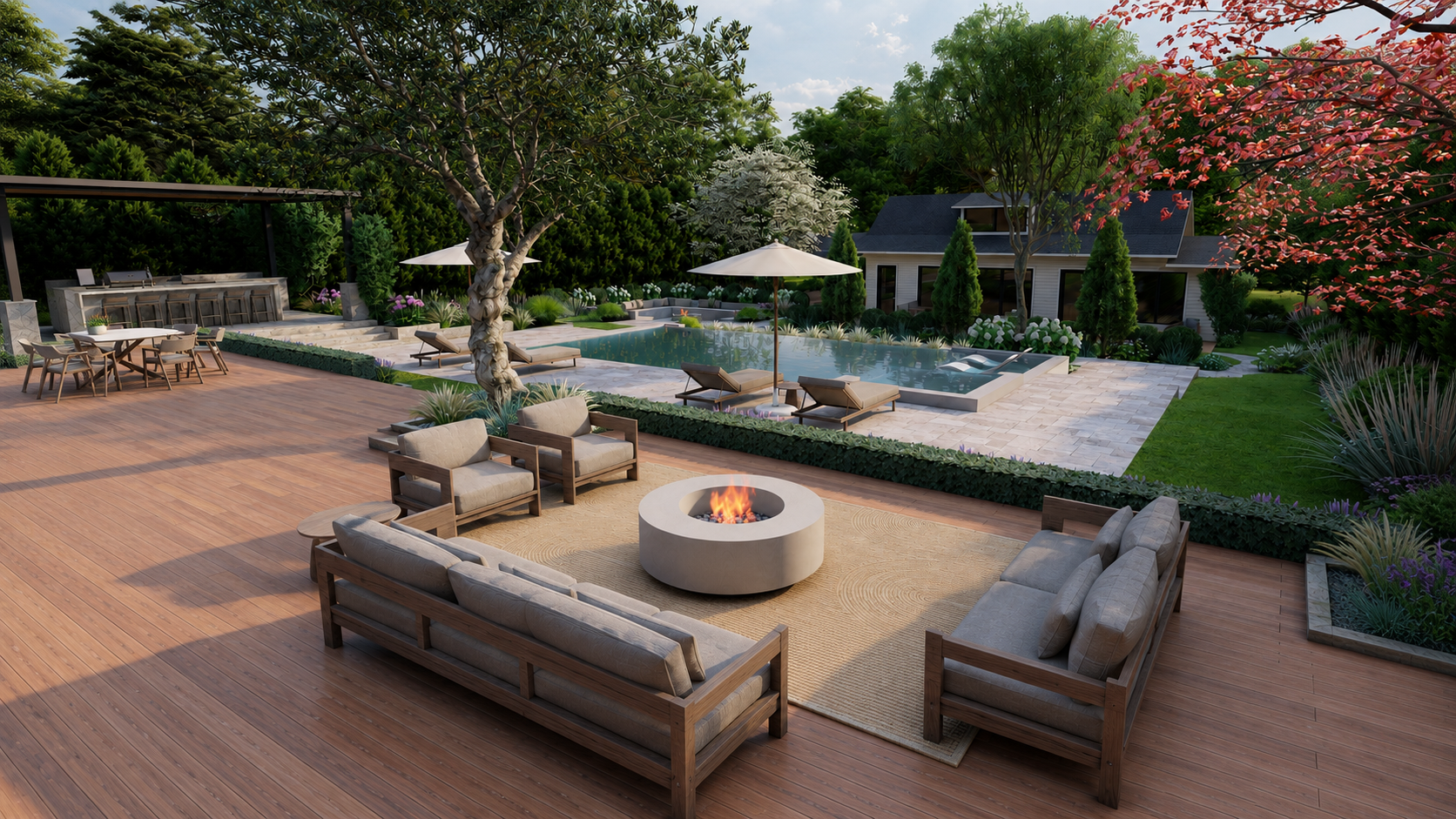 A spacious backyard patio with outdoor furniture, a fire pit, a swimming pool, lounge chairs, umbrellas, and lush greenery including trees and shrubs.