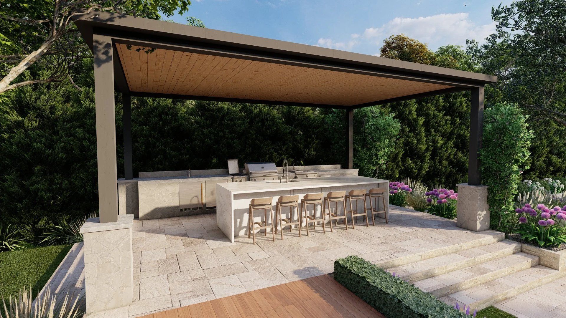 Outdoor kitchen and bar area with a built-in grill, sink, and marble countertops under a flat wooden roof, surrounded by lush greenery and flowering plants.