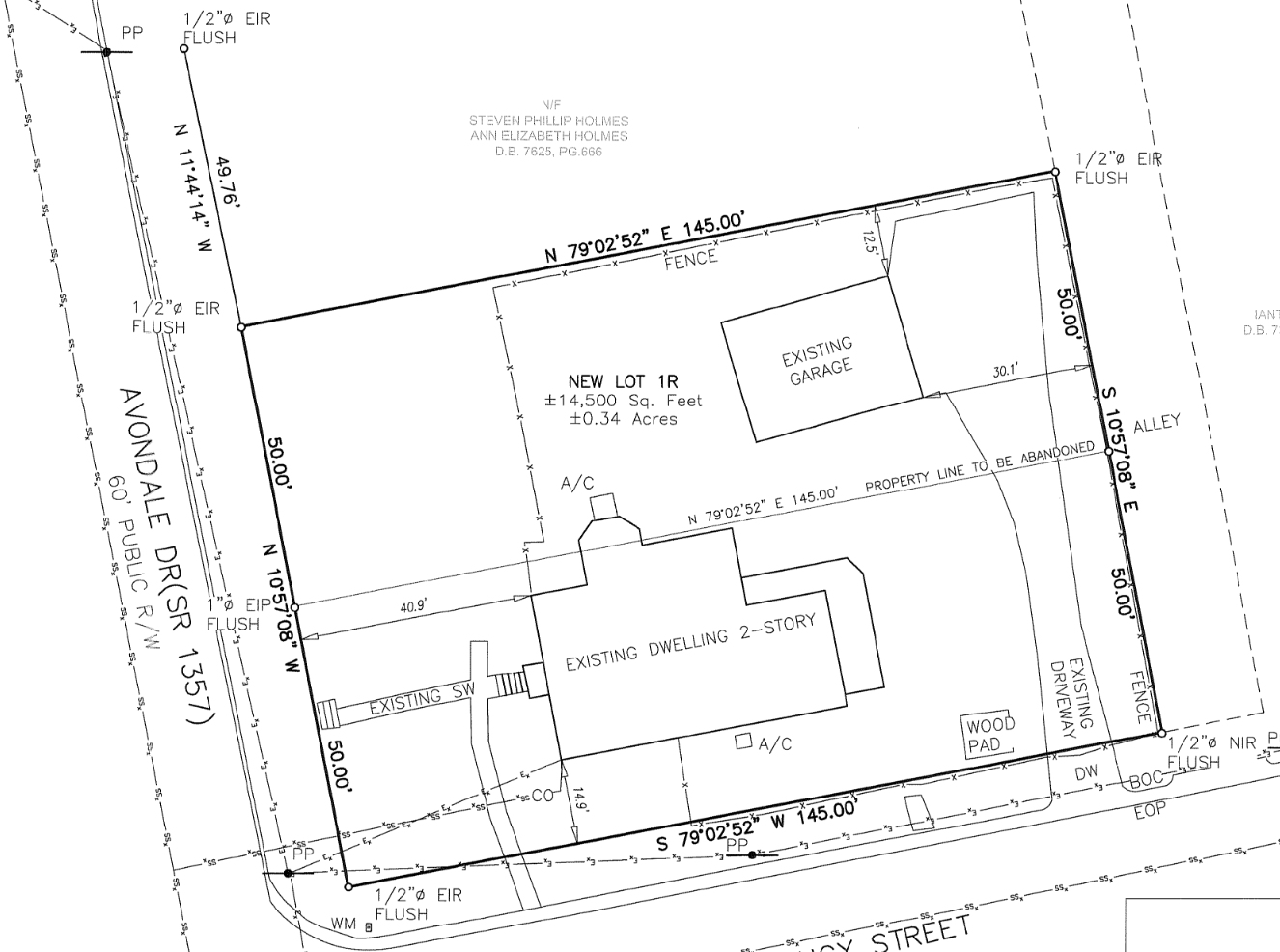 A detailed property survey plan showing lot boundaries, existing structures, measurements, and notes.