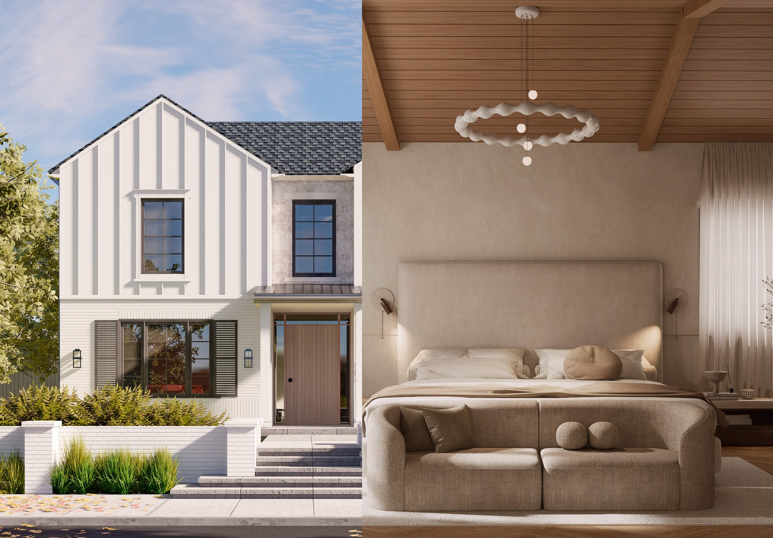 The image shows a split view of a modern house exterior on the left and a cozy bedroom interior on the right. The house exterior features a steep, dark gray shingle roof, white vertical siding, and large windows with black shutters, surrounded by greenery and steps leading to a small porch. The bedroom interior has a wooden ceiling with a cloud-shaped chandelier, beige walls, a bed with white linens, and a beige upholstered headboard, with soft natural light coming through sheer curtains.