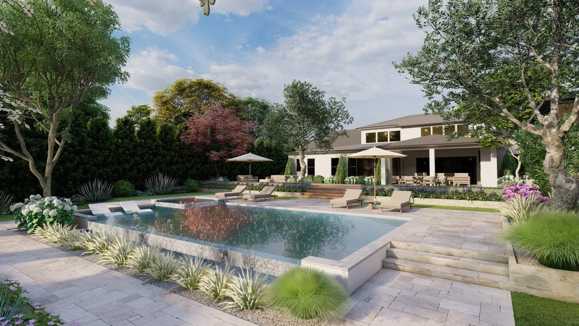 A modern backyard with a swimming pool, lounge chairs, umbrellas, lush landscaping, and a two-story house with a patio.