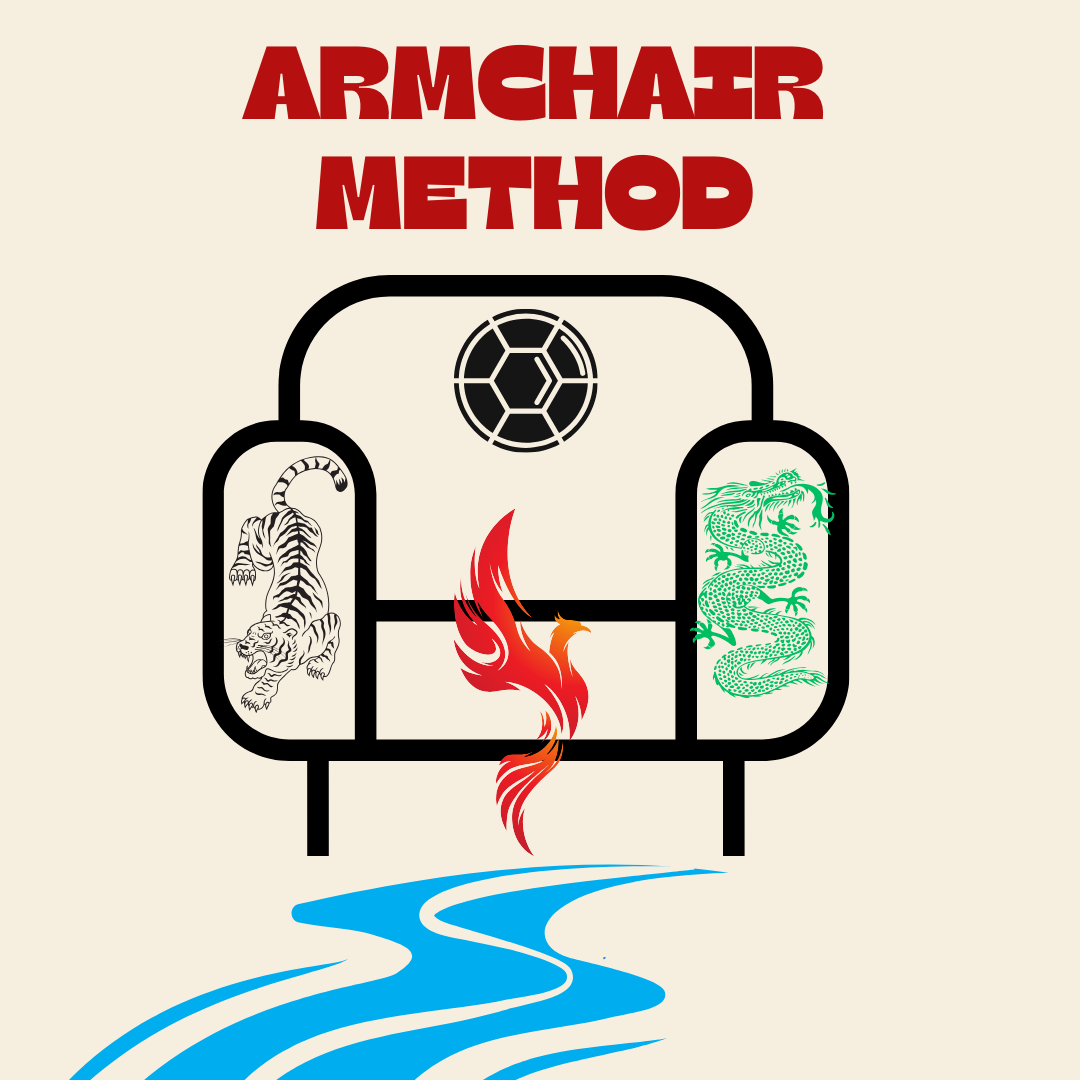 "Armchair Method" text above an abstract armchair design featuring a tiger, dragon, phoenix, and a blue river on a beige background.