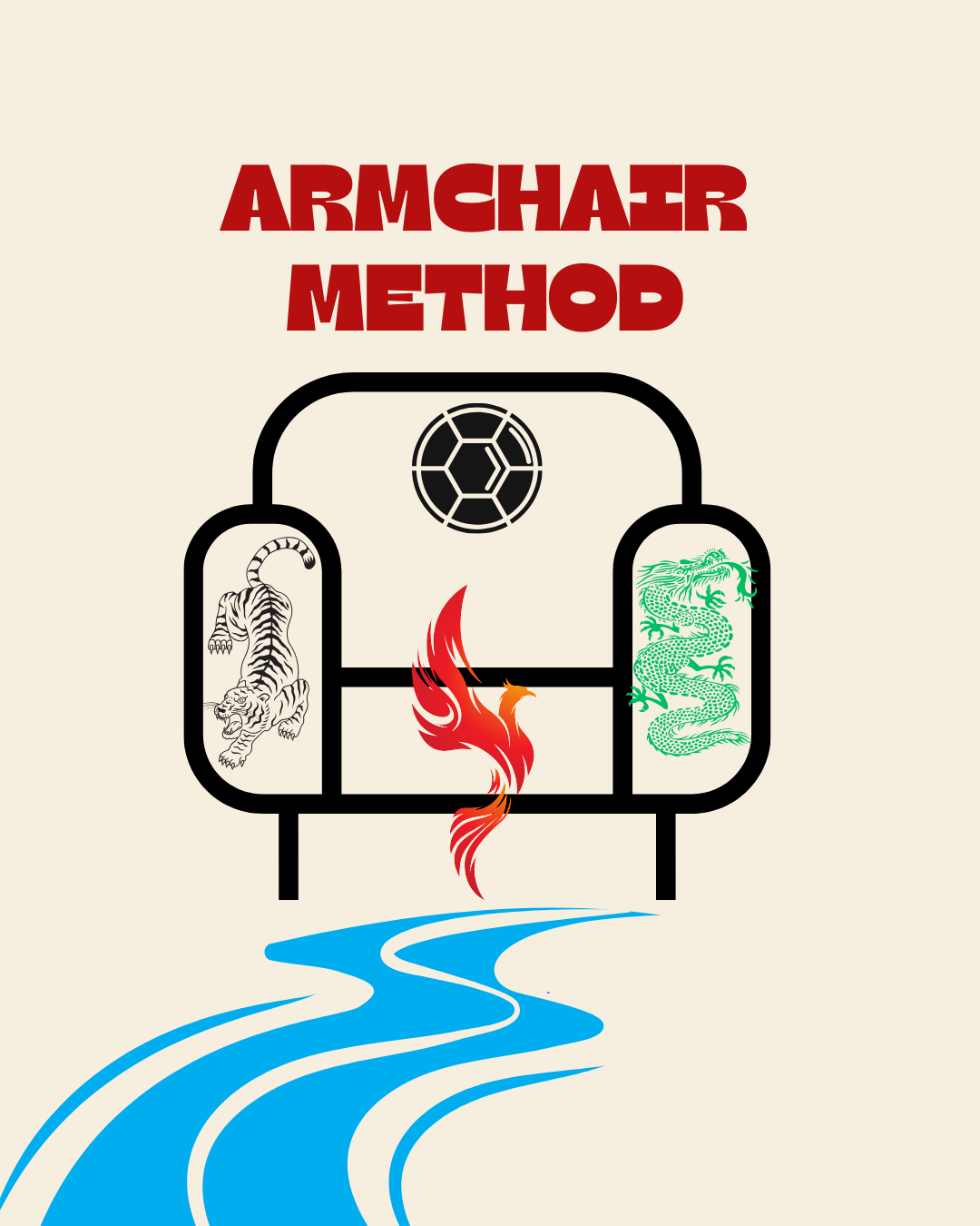 "Armchair Method" text above an abstract armchair design featuring a tiger, dragon, phoenix, and a blue river on a beige background.