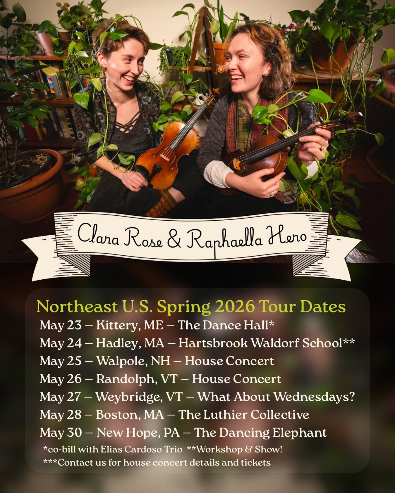 Friends! 🎻🌈☀️ Our shows start under a week, beginning with our co-bill with @eliascardosomusic and @mr.dadgad at @thedancehallkittery on May 23! 

After that, we&rsquo;re heading to:
May 24 - Hadley, MA (@knappcellostudio - Workshop and Show!) 
May