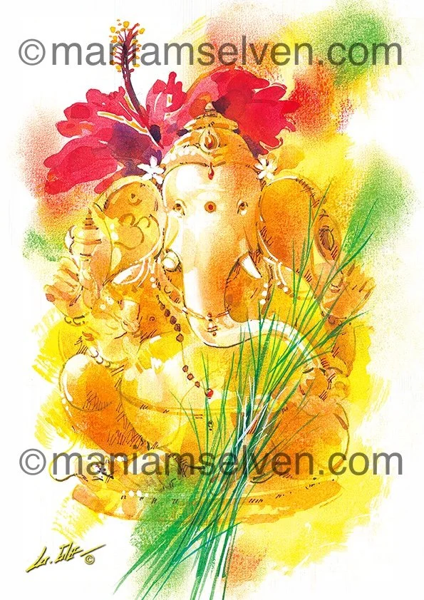 Turmeric Hibiscus Ganesha, Watercolour on Paper 12 x 24 cms