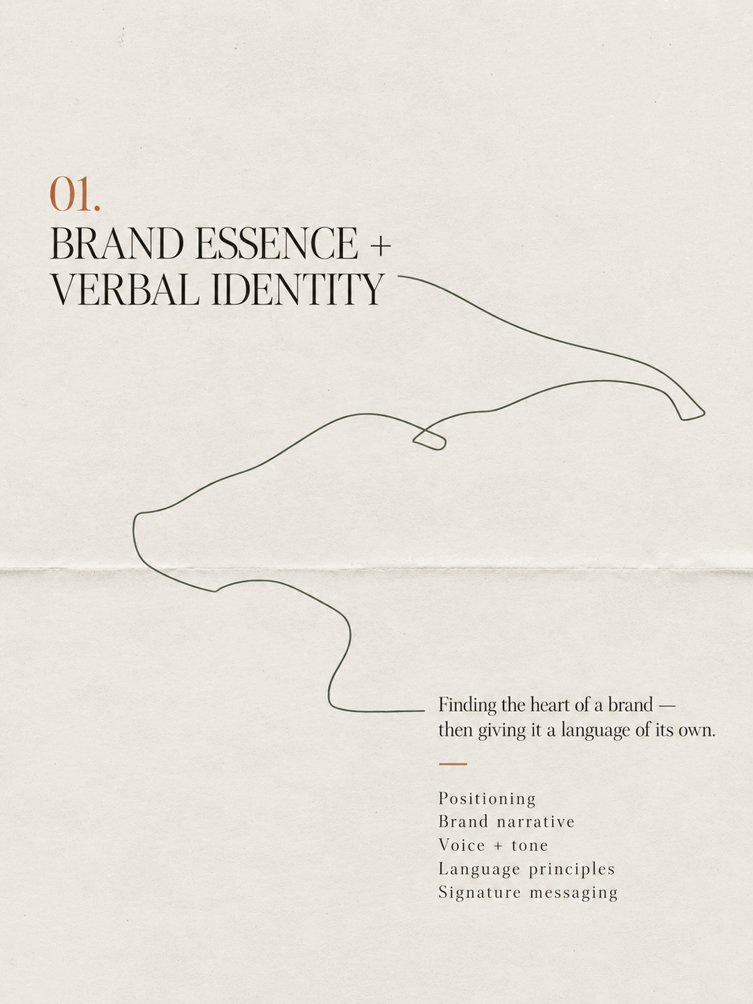 Title slide with text '01. Brand Essence + Verbal Identity' and a subtitle about finding the heart of a brand and giving it a language of its own. Simplicity, minimal design, with thin line illustration and a neutral background.