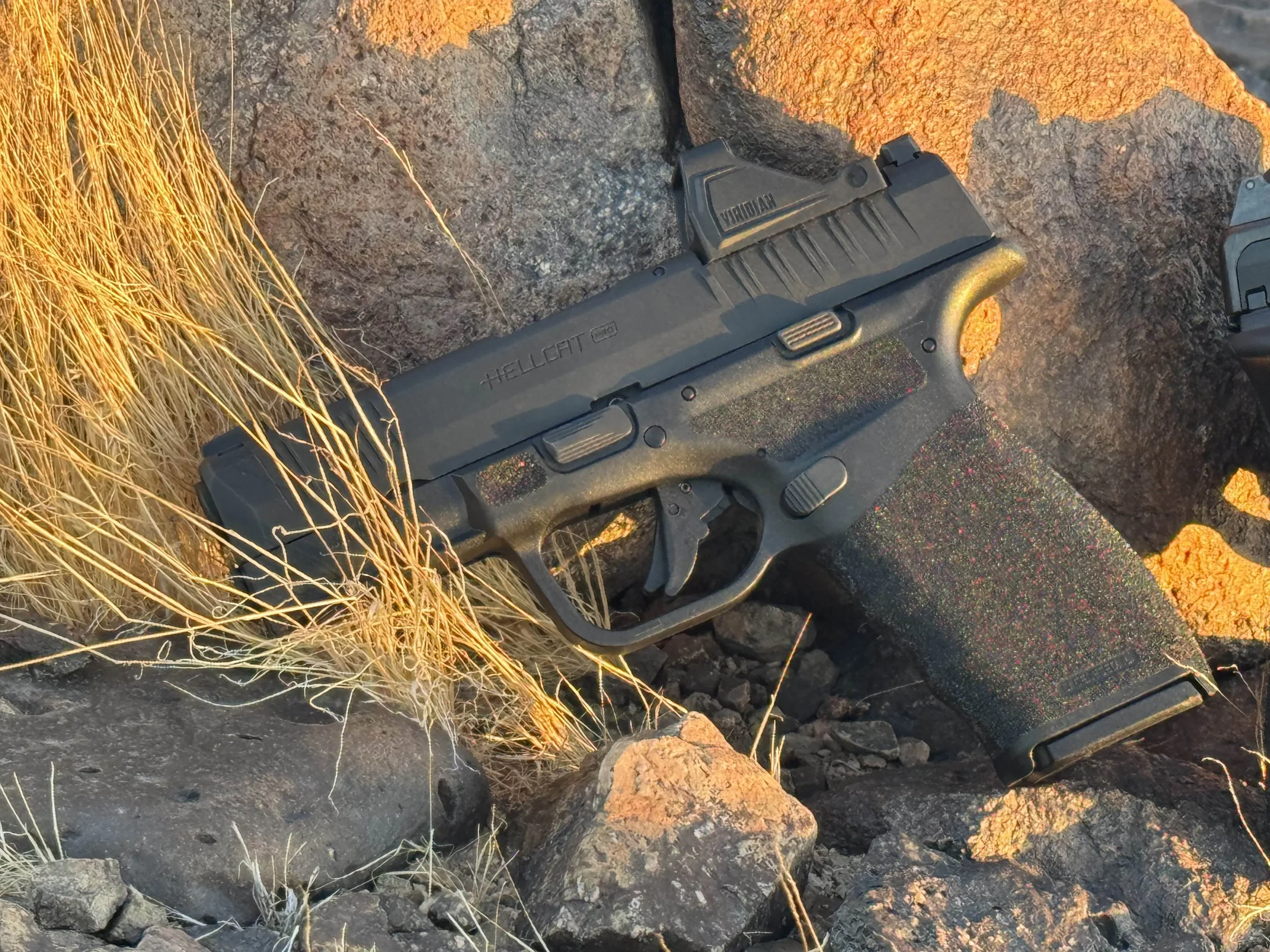A black semi-automatic handgun resting on rocks and dry grass outdoors.