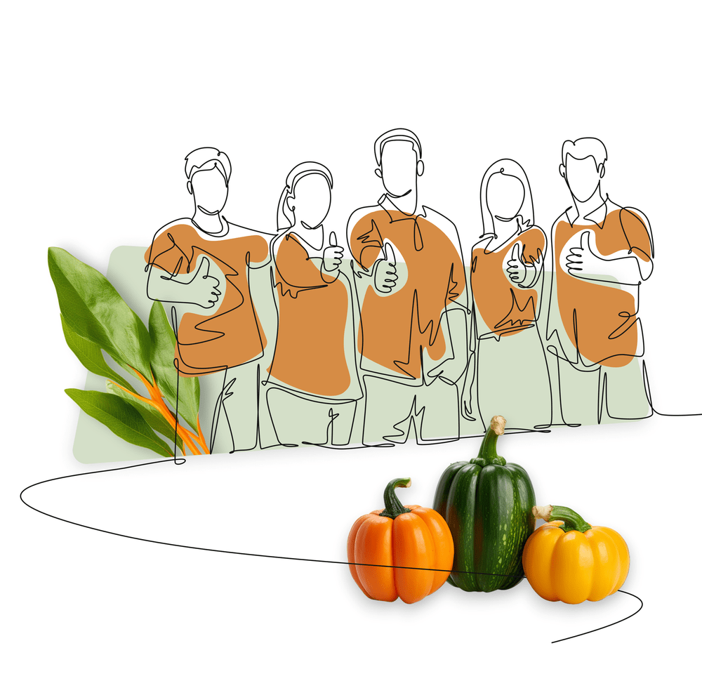 Illustrated Galley team giving thumbs up among fresh produce