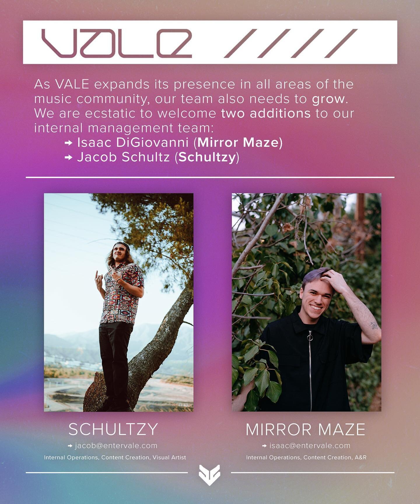 VALE welcomes @mirrormazebeats &amp; @schultzy._ to the internal management team. We are very pleased to add members who demonstrate such passion, diligence, and an eye for style and innovation. Expect a lot more from us this year!
✨