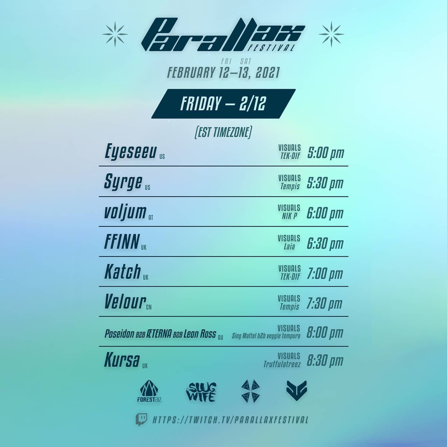 ⊙﹏⊙ Set times (EST) for Day 1 of Parallax Festival ⊙﹏⊙

We highly encourage you to tune in for the whole event, you are guaranteed to discover some new favorite artists!
