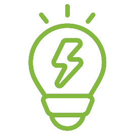 Green outline of a light bulb with a lightning bolt inside