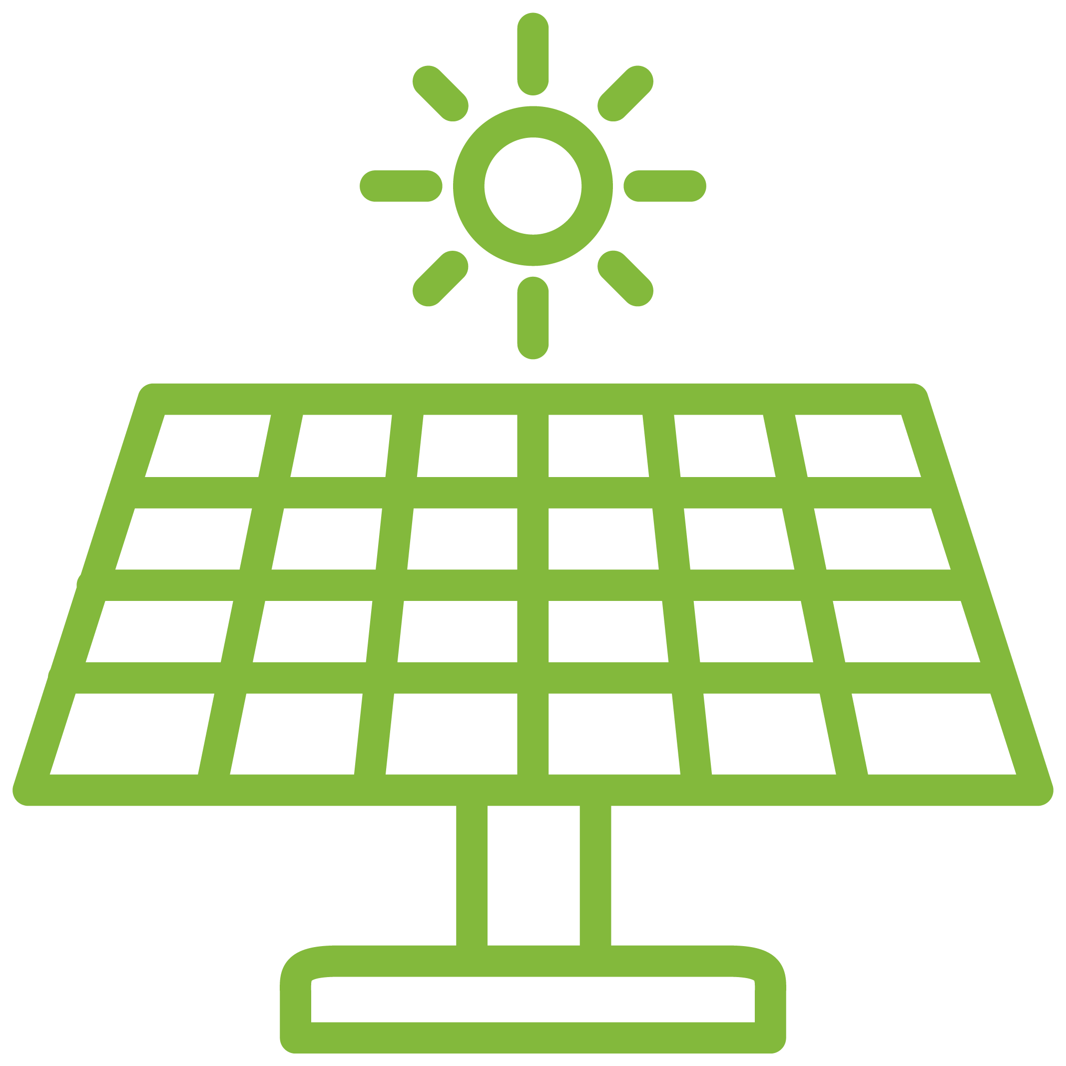 Green outline of a solar panel with a sun symbol above it.