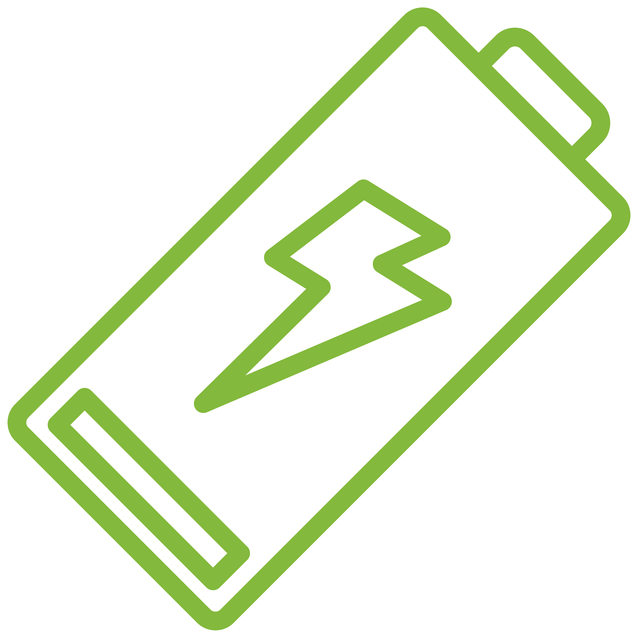 Line drawing of a battery with lighting blot inside.