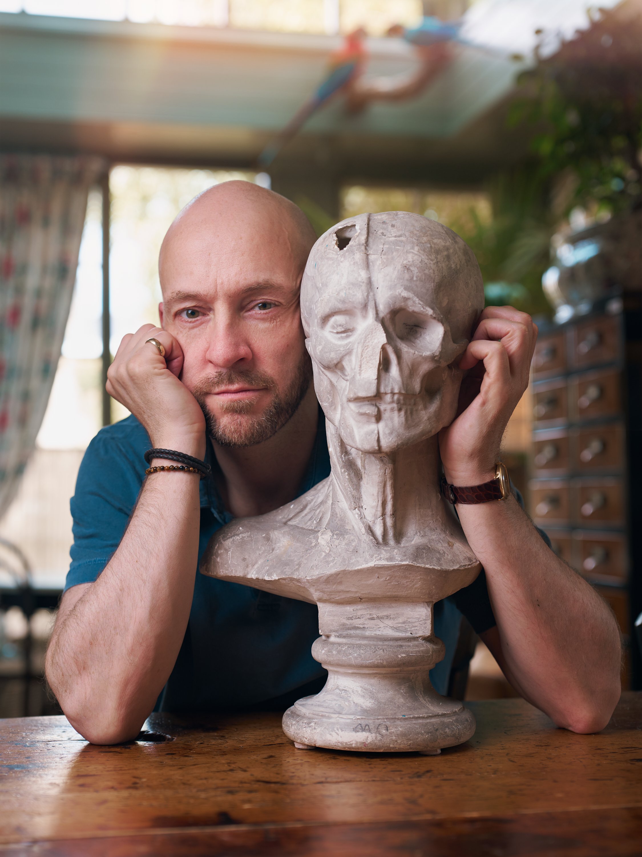 Illusionist Derren Brown Portrait with a anatomical écorché