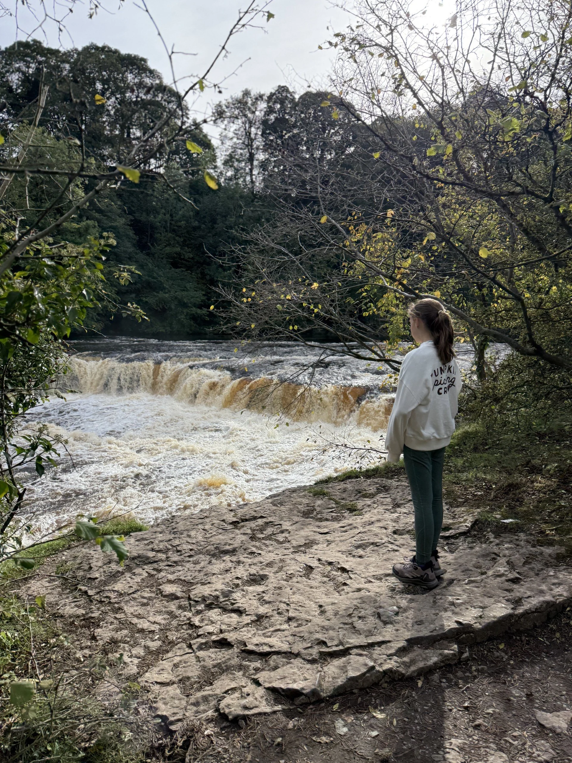 Child standing next to a raging waterfall after heavy rain in Autumn