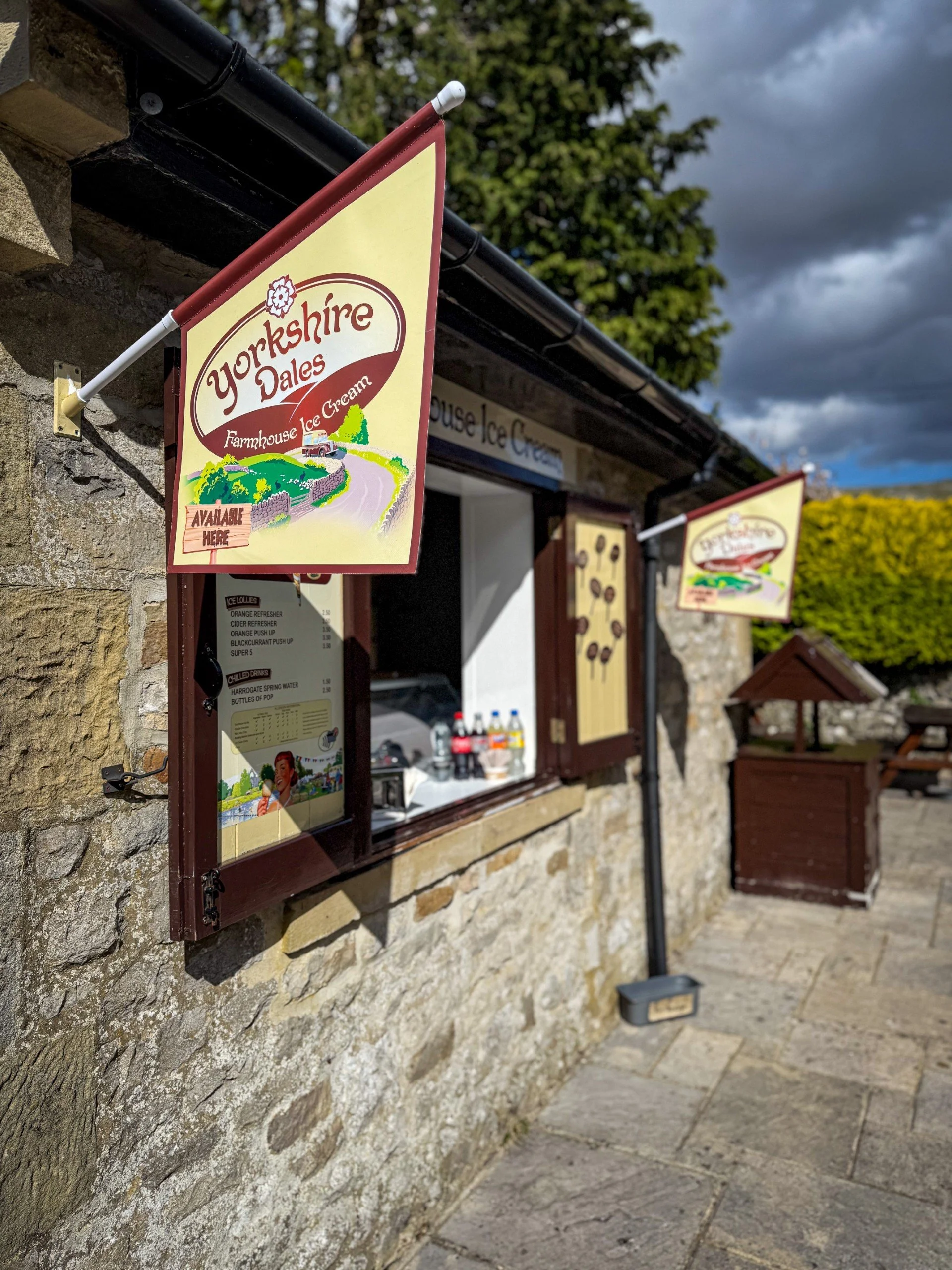 A Yorkshire Dales ice cream parlour with a flag outside
