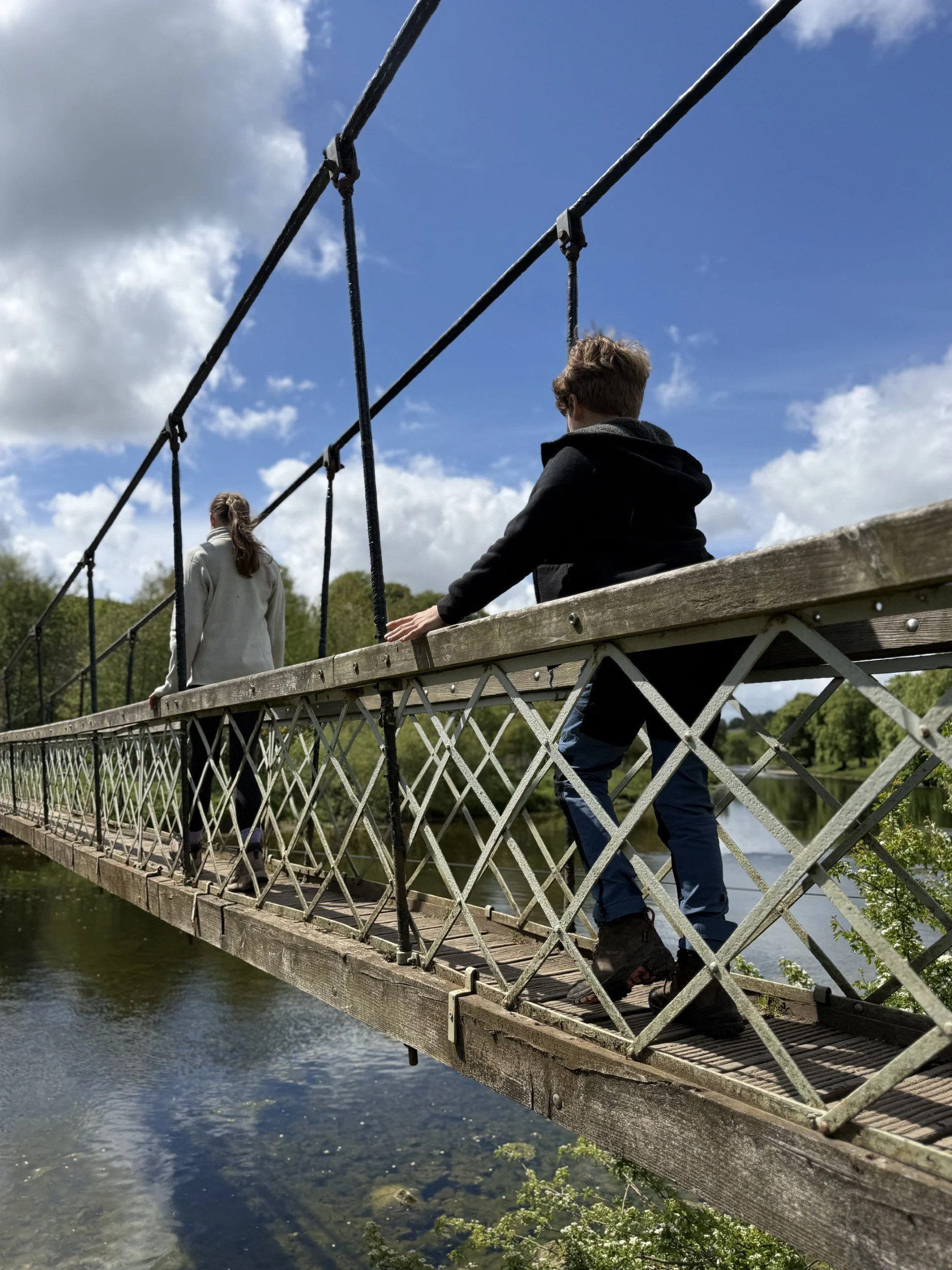 Children walking along a suspension bridge