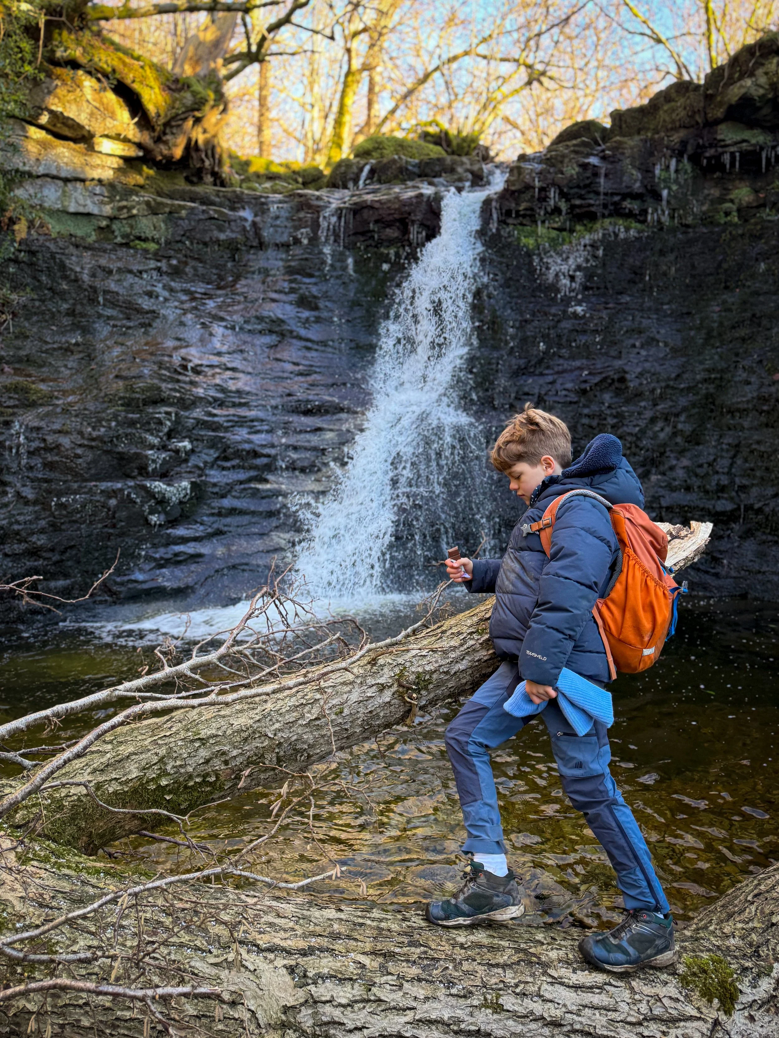 A child leaning on a fallen tree with a waterfall behind