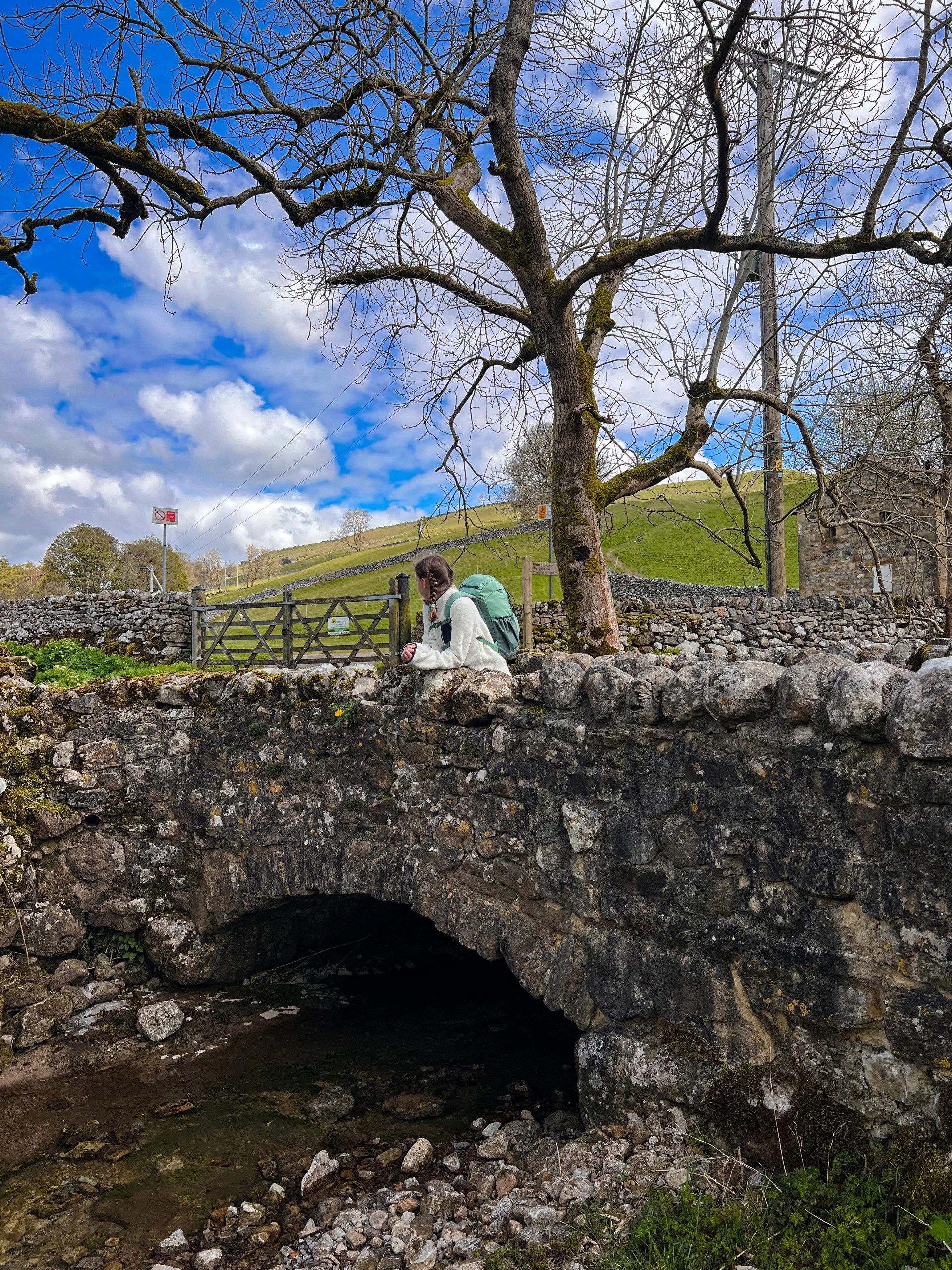 Child standing on a stone bridge with tree behind and water underneath