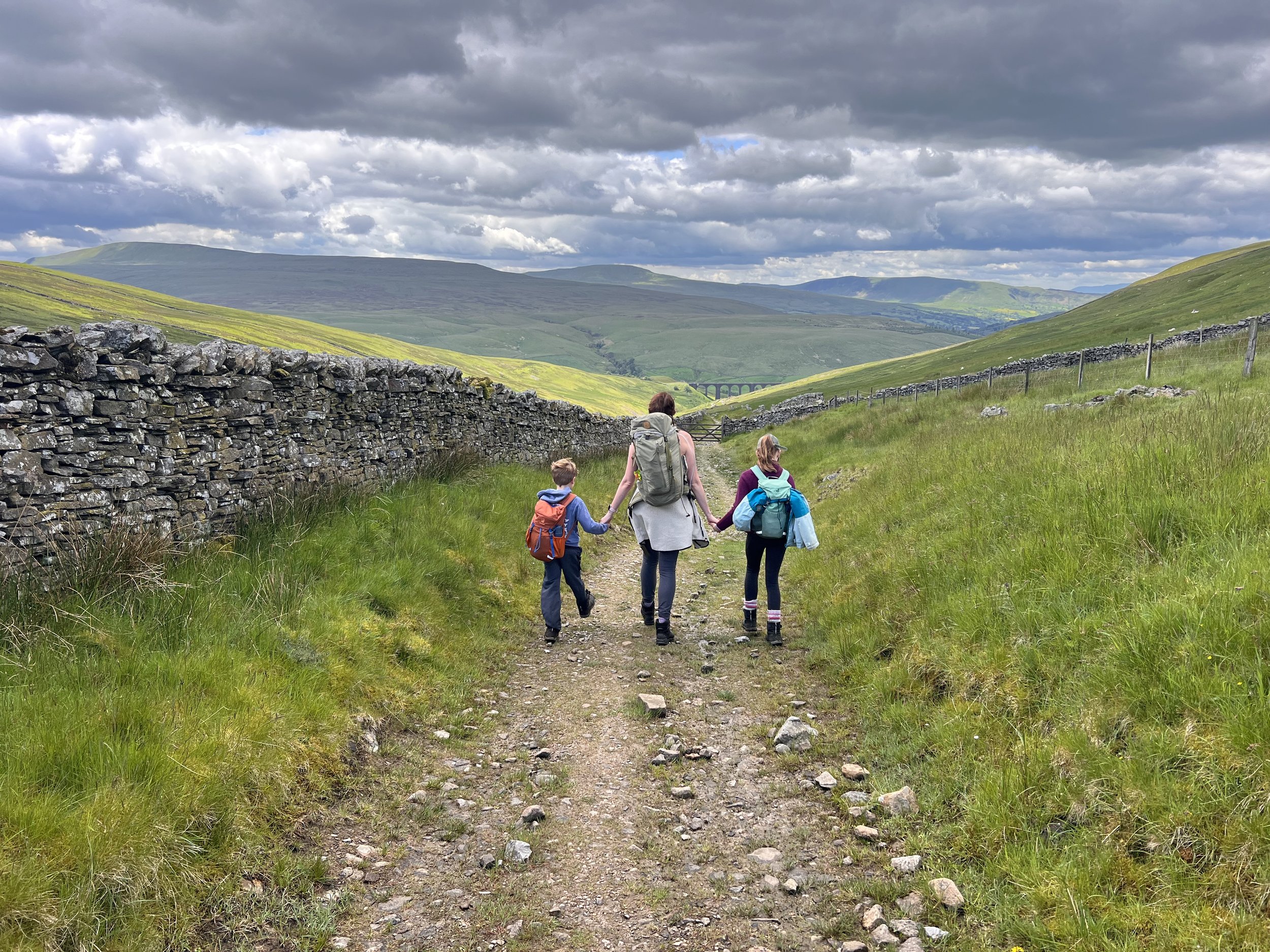 A mum and two children walking away from the camera holding hands on a stony track with a dry stone wall to the left and hills and mountains beyond