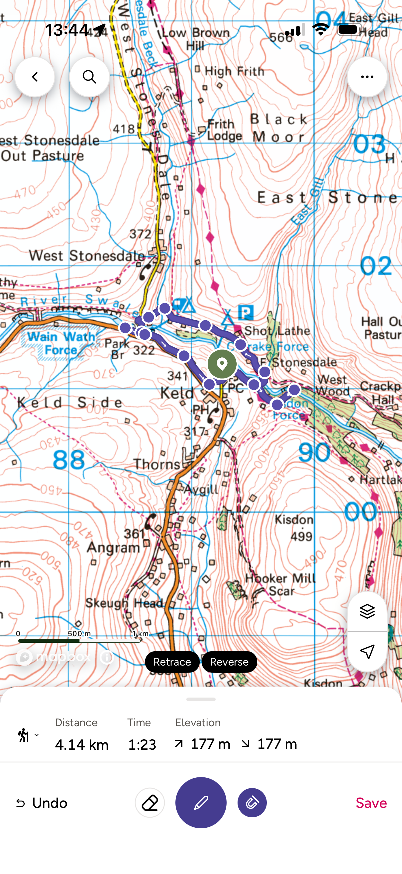 Ordnance survey map with route map marked on it