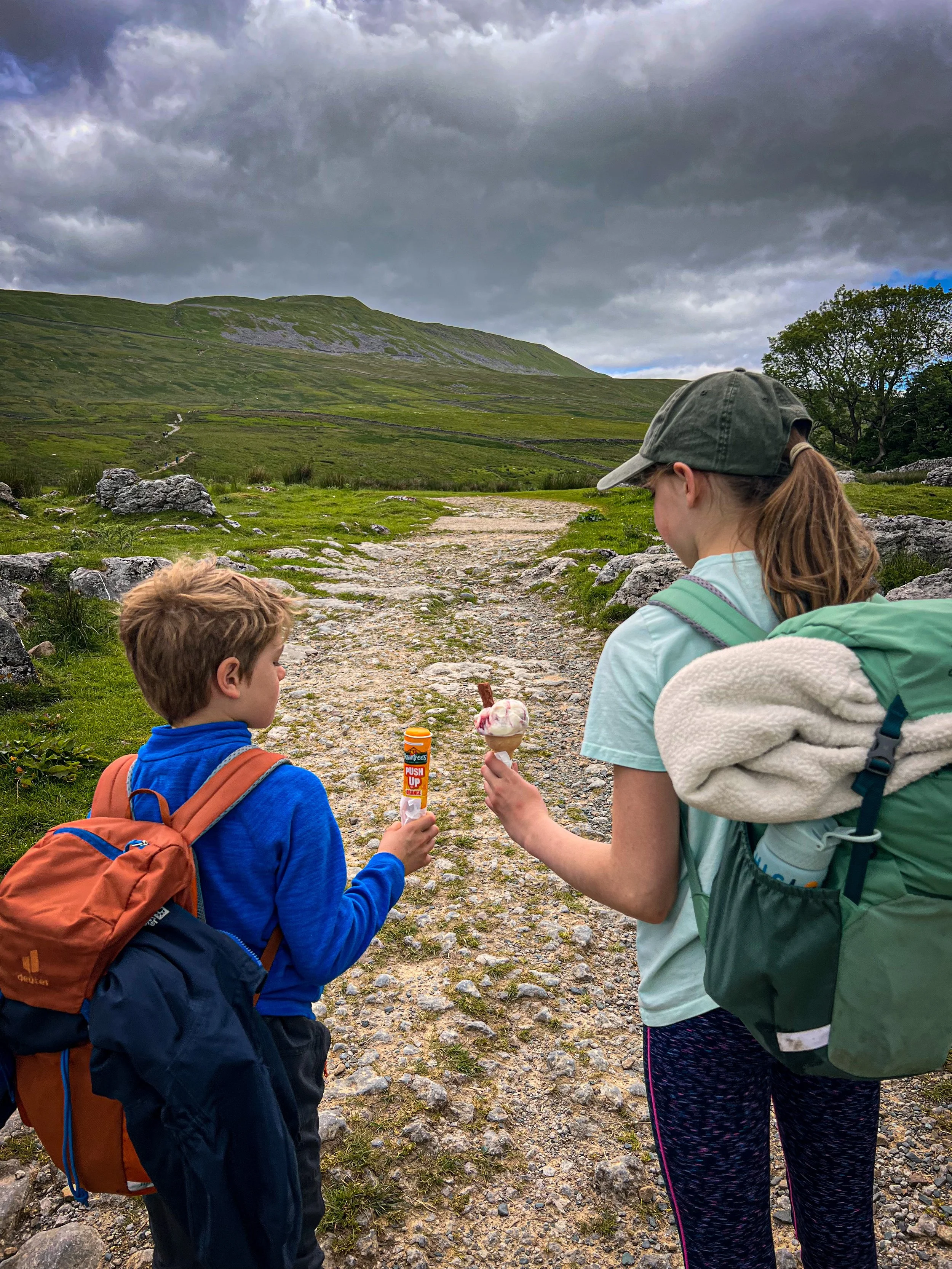 Two children holding ice creams with a mountain behind them