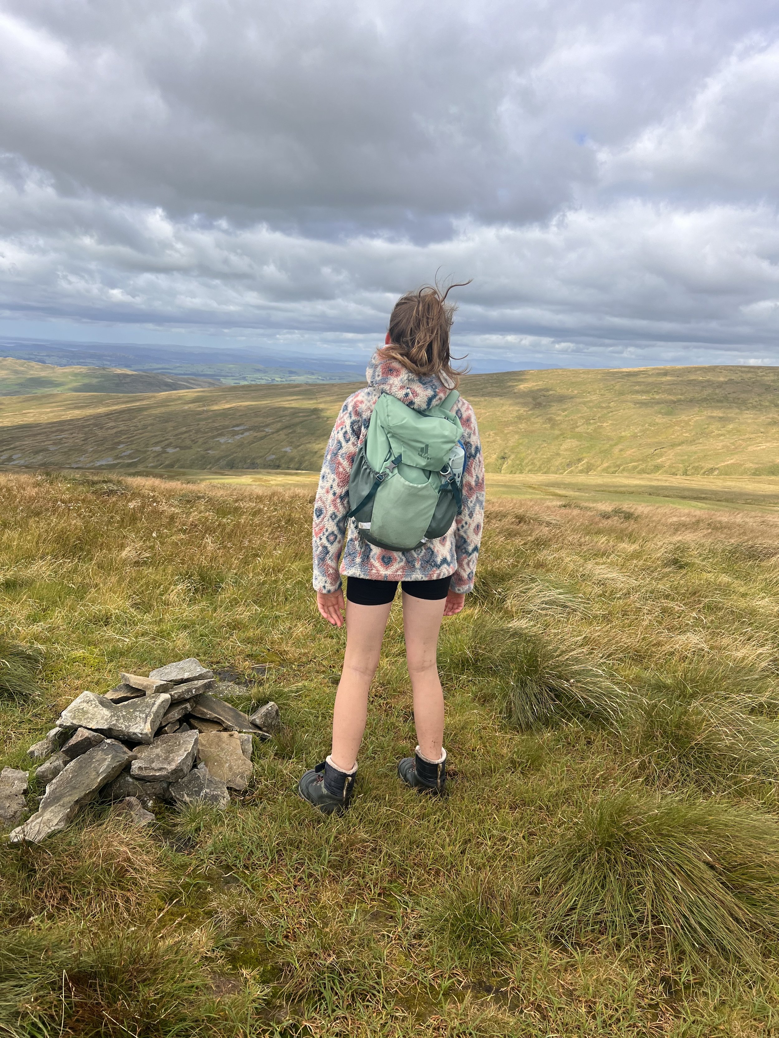 Child standing next to a pile of stones looking out at views of hills