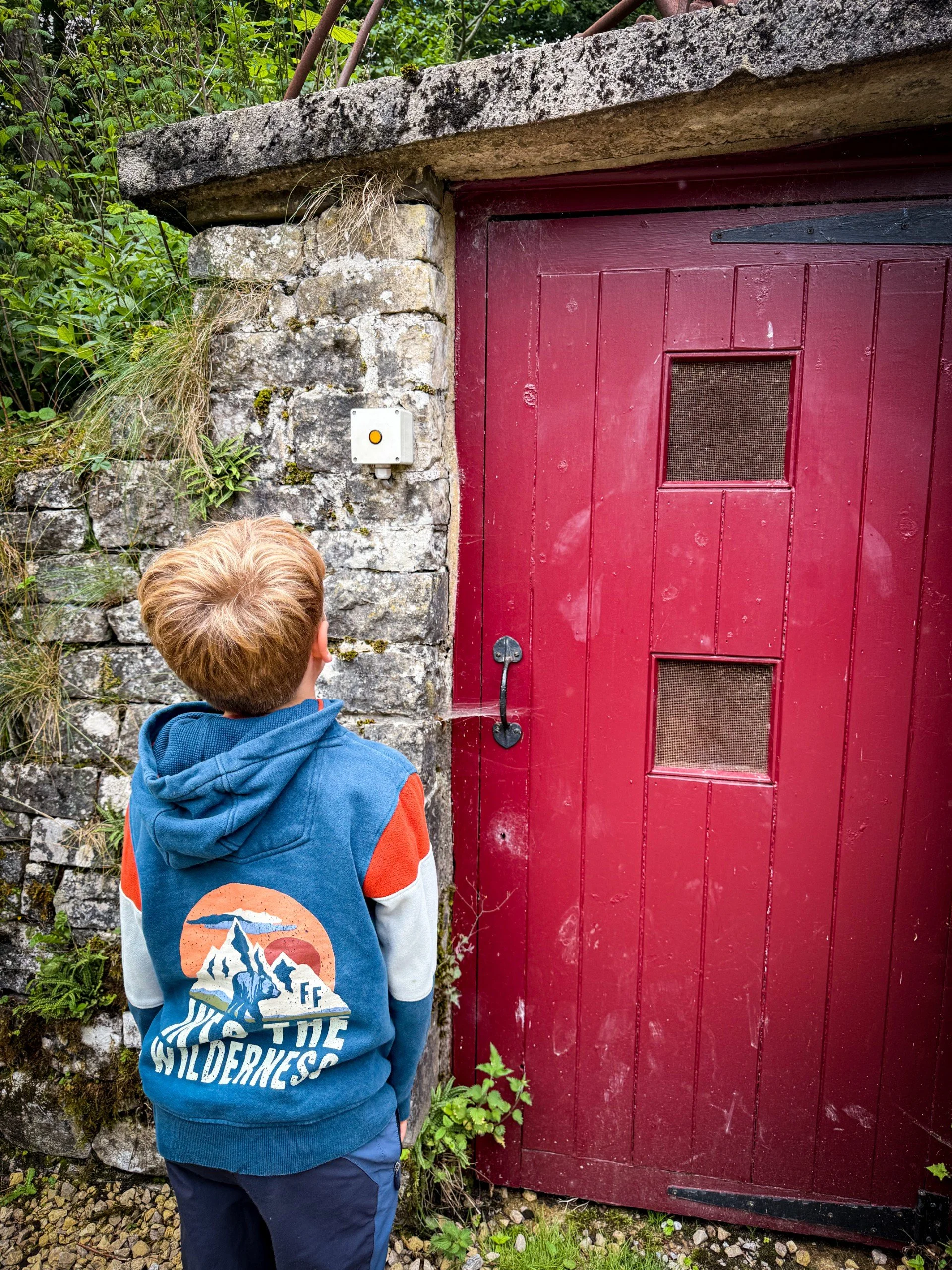 boy looking at a red door in a wall